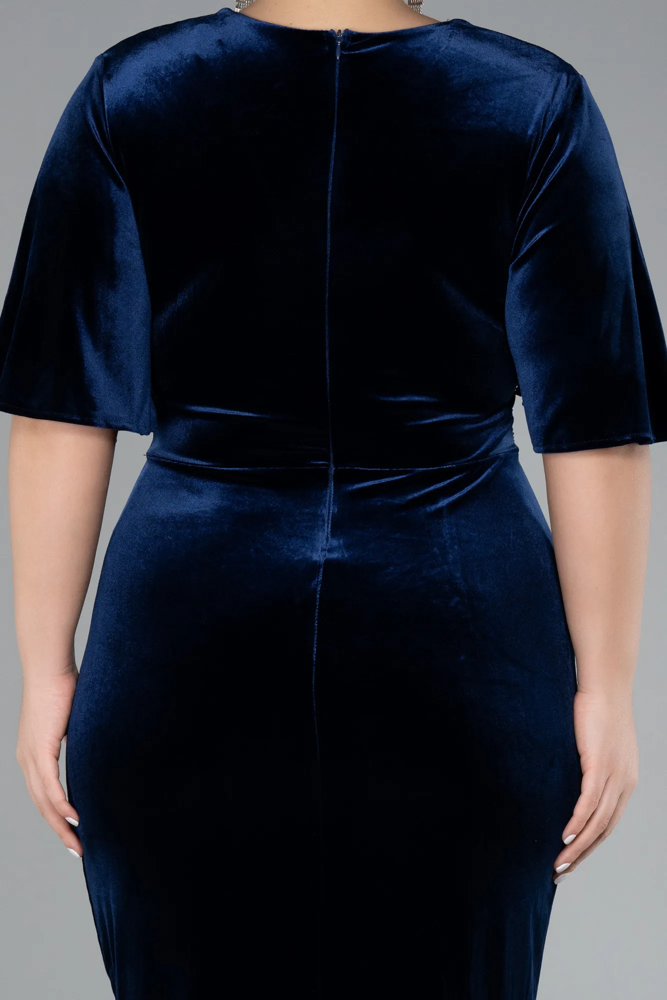 Navy Blue-Short Sleeve Slit Long Velvet Plus Size Evening Dress ABU4316