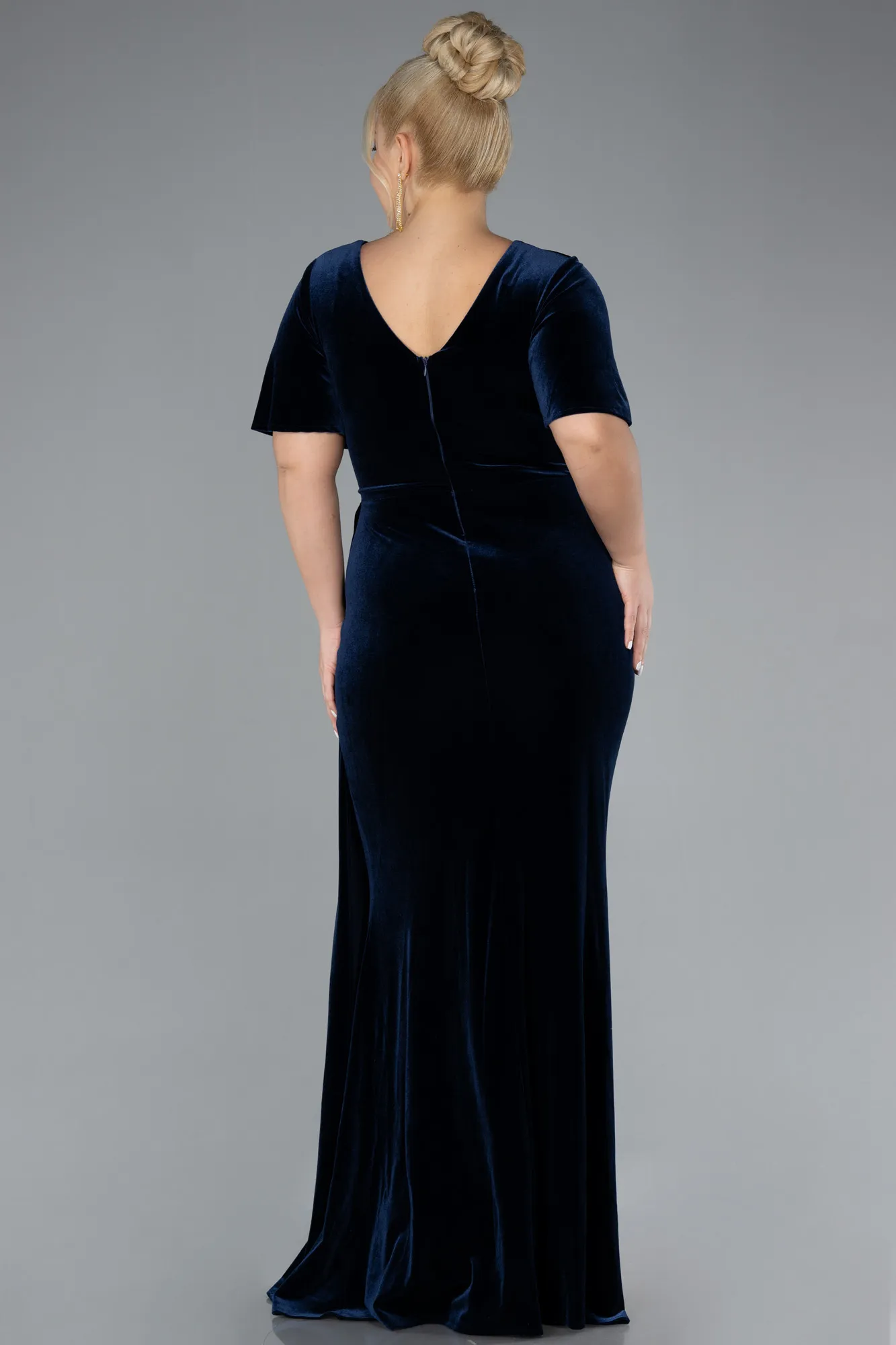 Navy Blue-Short Sleeve Slit Long Velvet Plus Size Evening Dress ABU4317