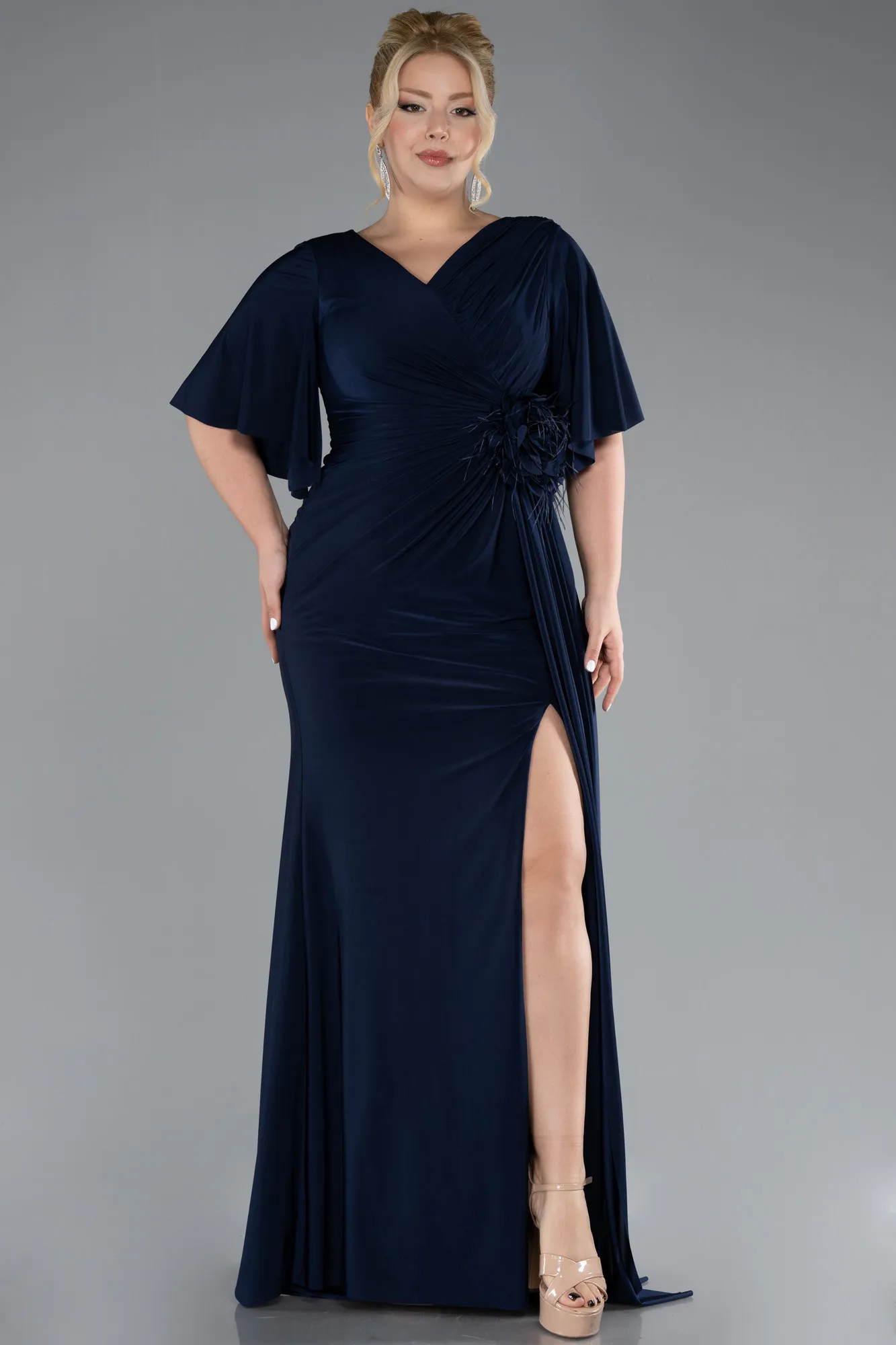 Navy Blue-Short Sleeve Slit Plus Size Evening Gown ABU4391