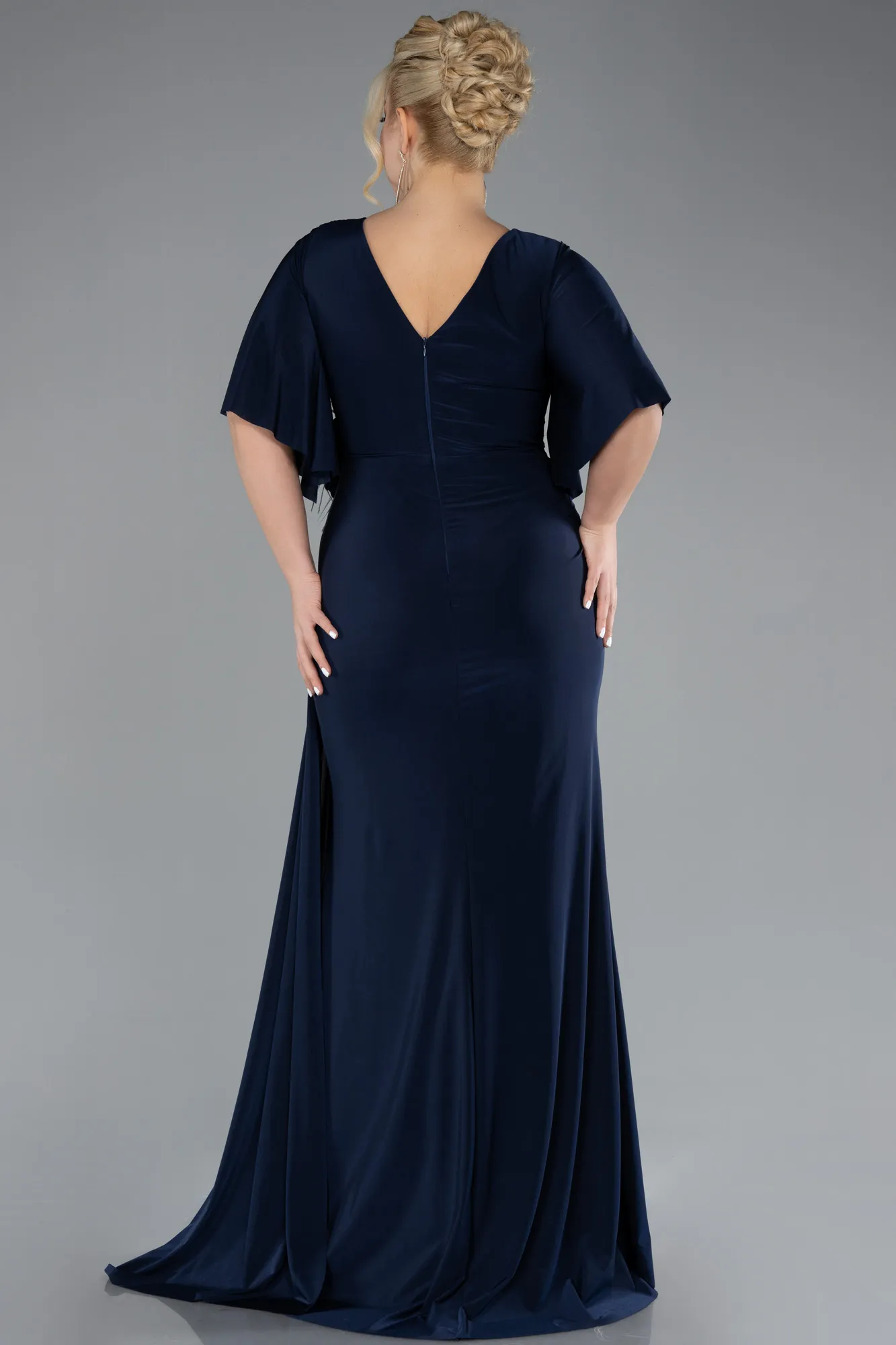 Navy Blue-Short Sleeve Slit Plus Size Evening Gown ABU4391