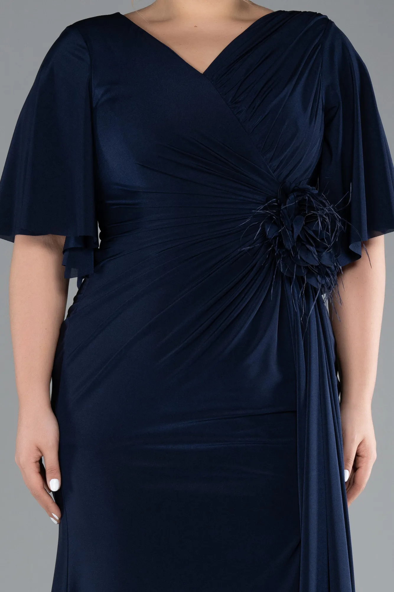 Navy Blue-Short Sleeve Slit Plus Size Evening Gown ABU4391