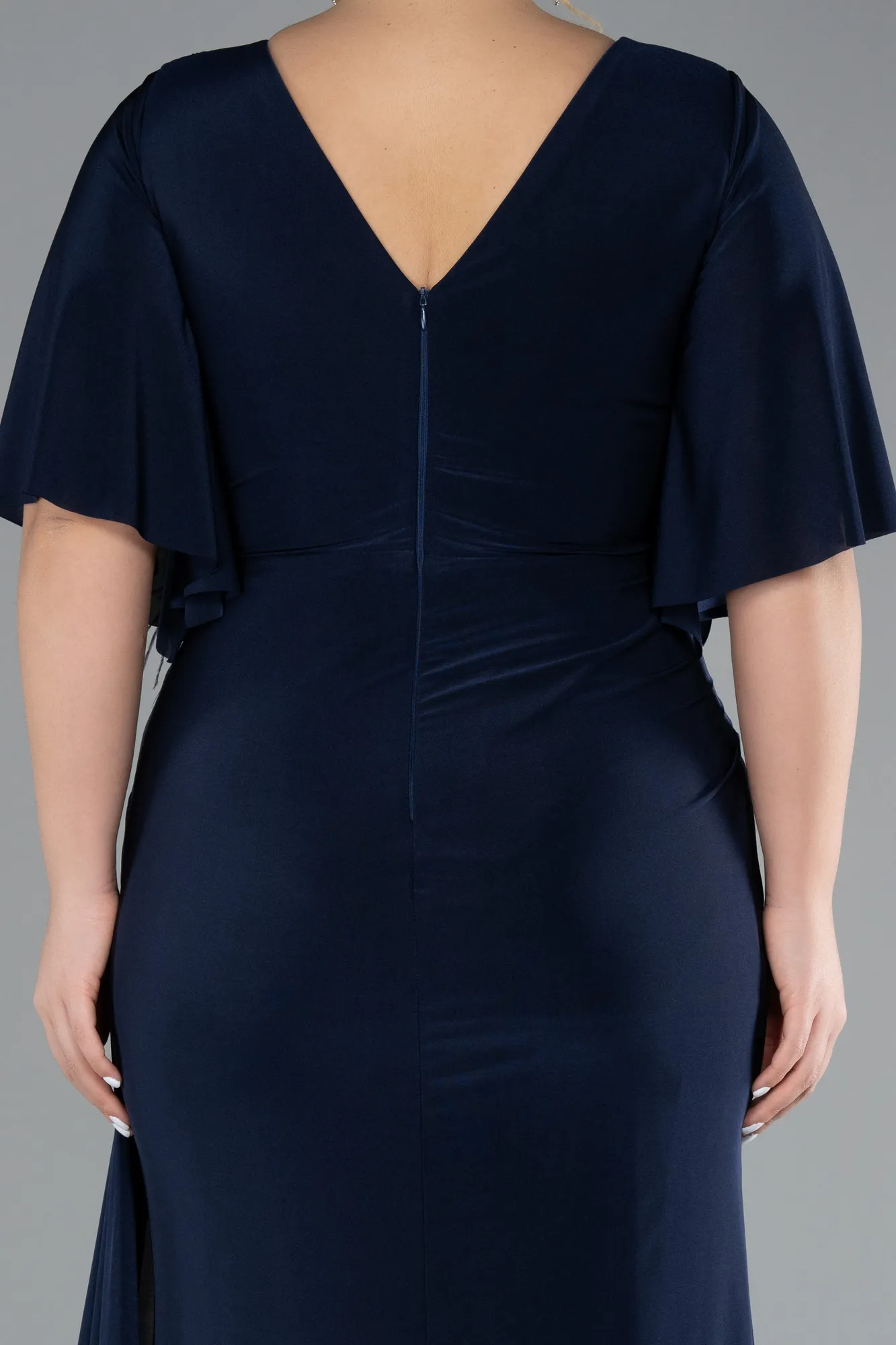 Navy Blue-Short Sleeve Slit Plus Size Evening Gown ABU4391