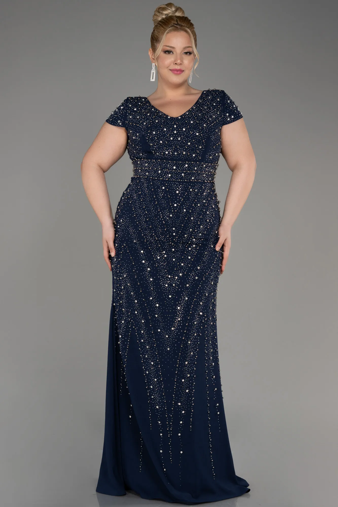 Navy Blue-Short Sleeve Stone Long Plus Size Evening Gown ABU3990