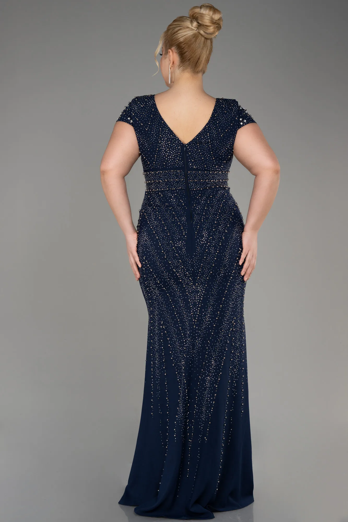 Navy Blue-Short Sleeve Stone Long Plus Size Evening Gown ABU3990