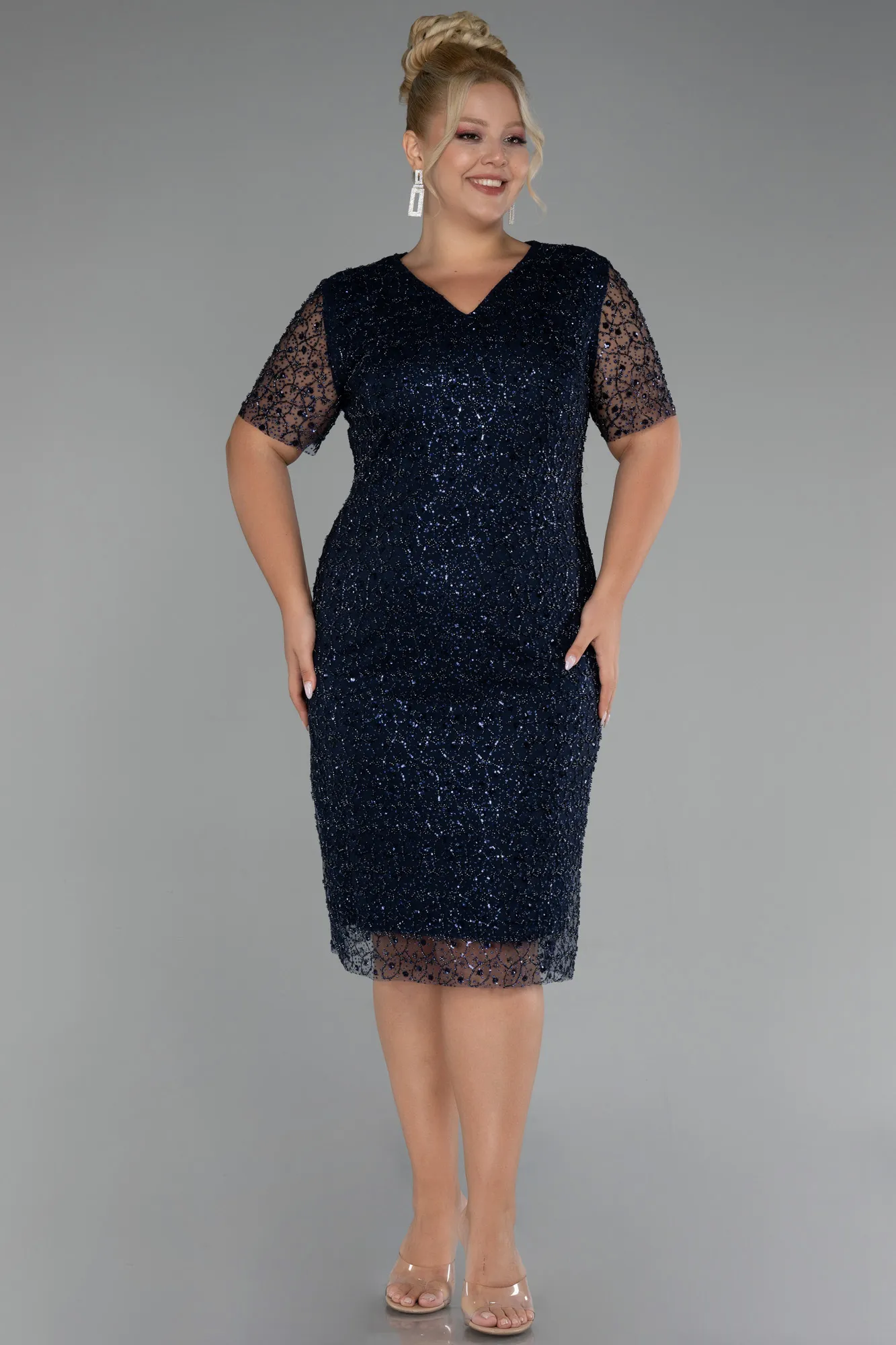 Navy Blue-Short Sleeve Stone Midi Plus Size Evening Dress ABK2116