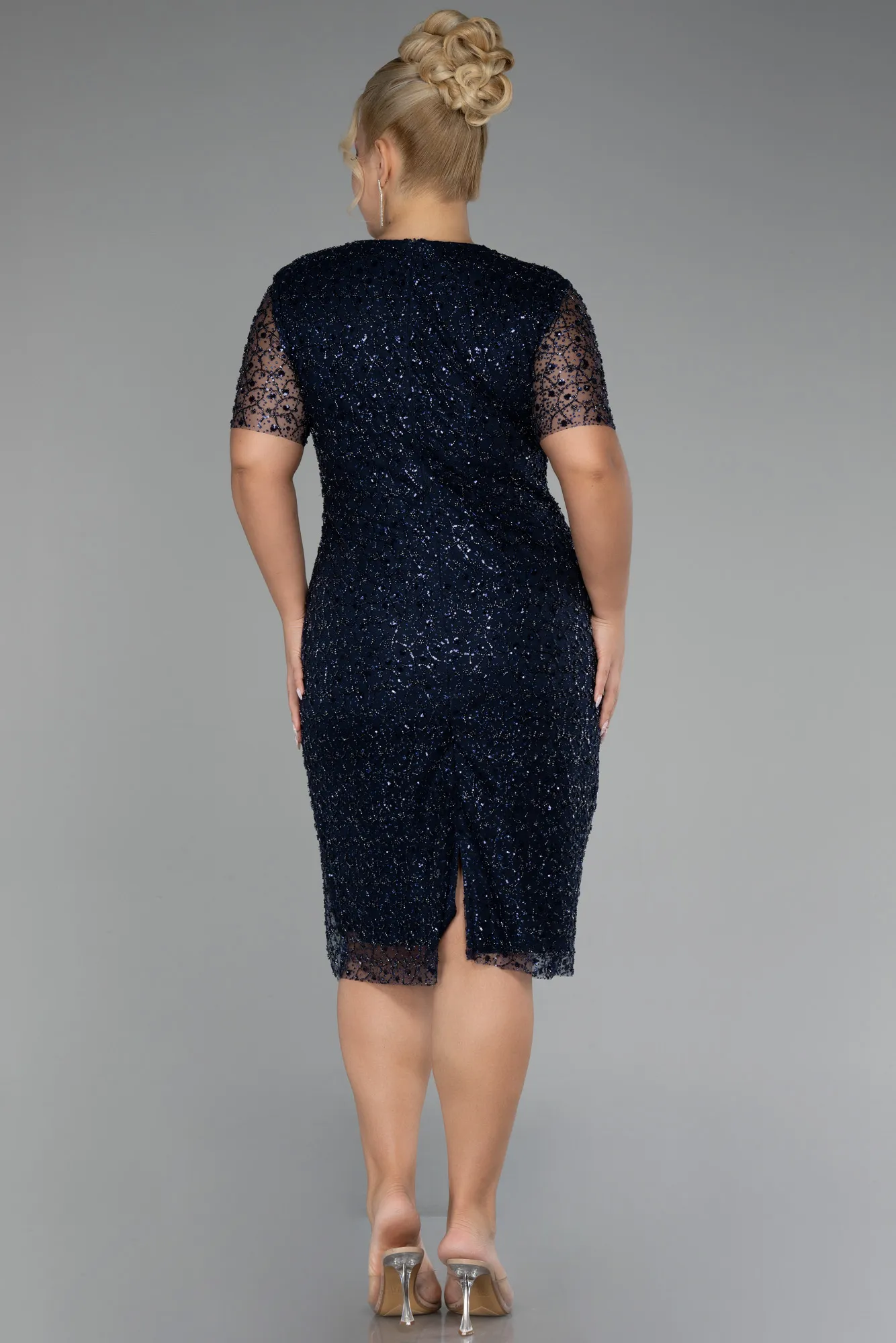 Navy Blue-Short Sleeve Stone Midi Plus Size Evening Dress ABK2116