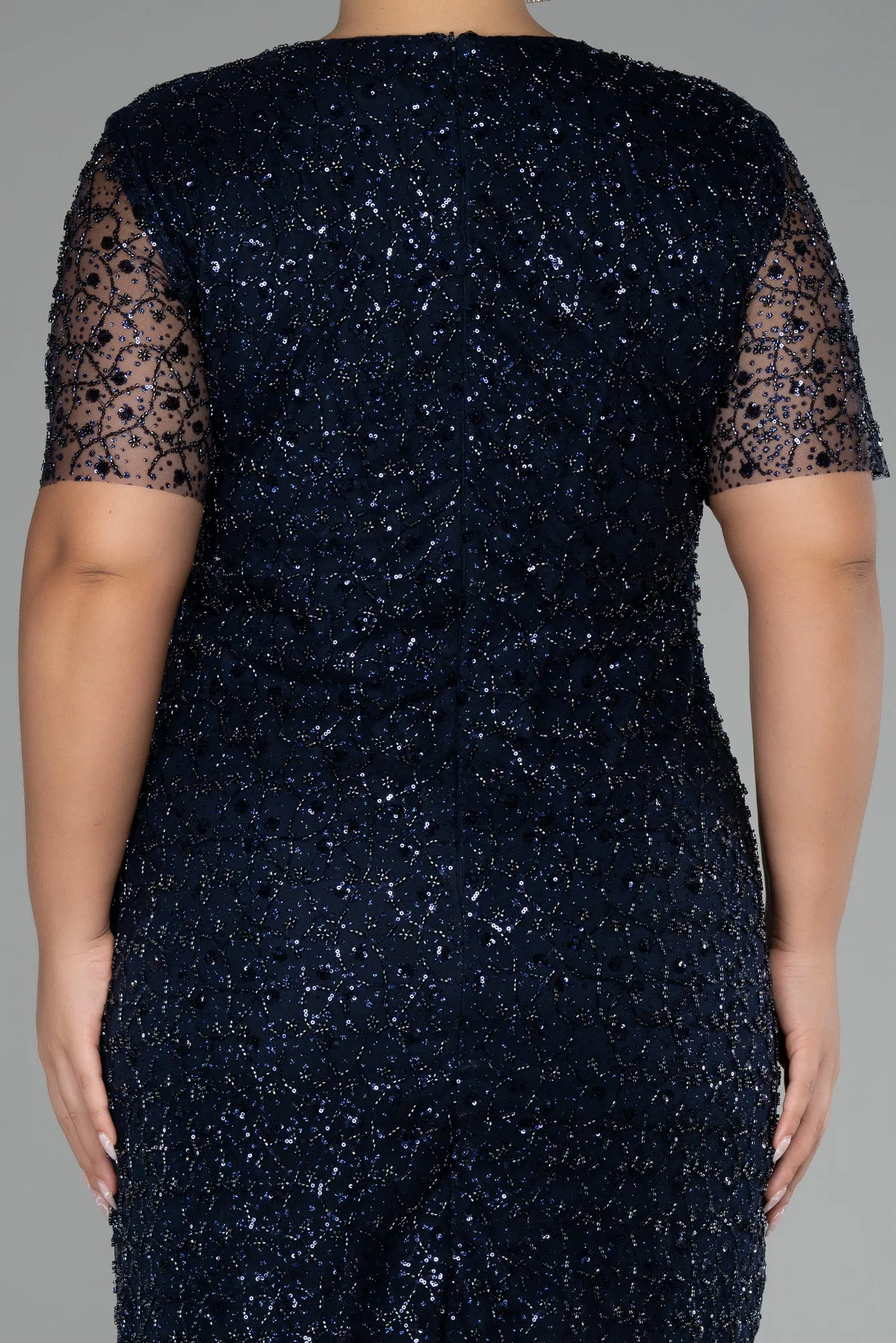 Navy Blue-Short Sleeve Stone Midi Plus Size Evening Dress ABK2116