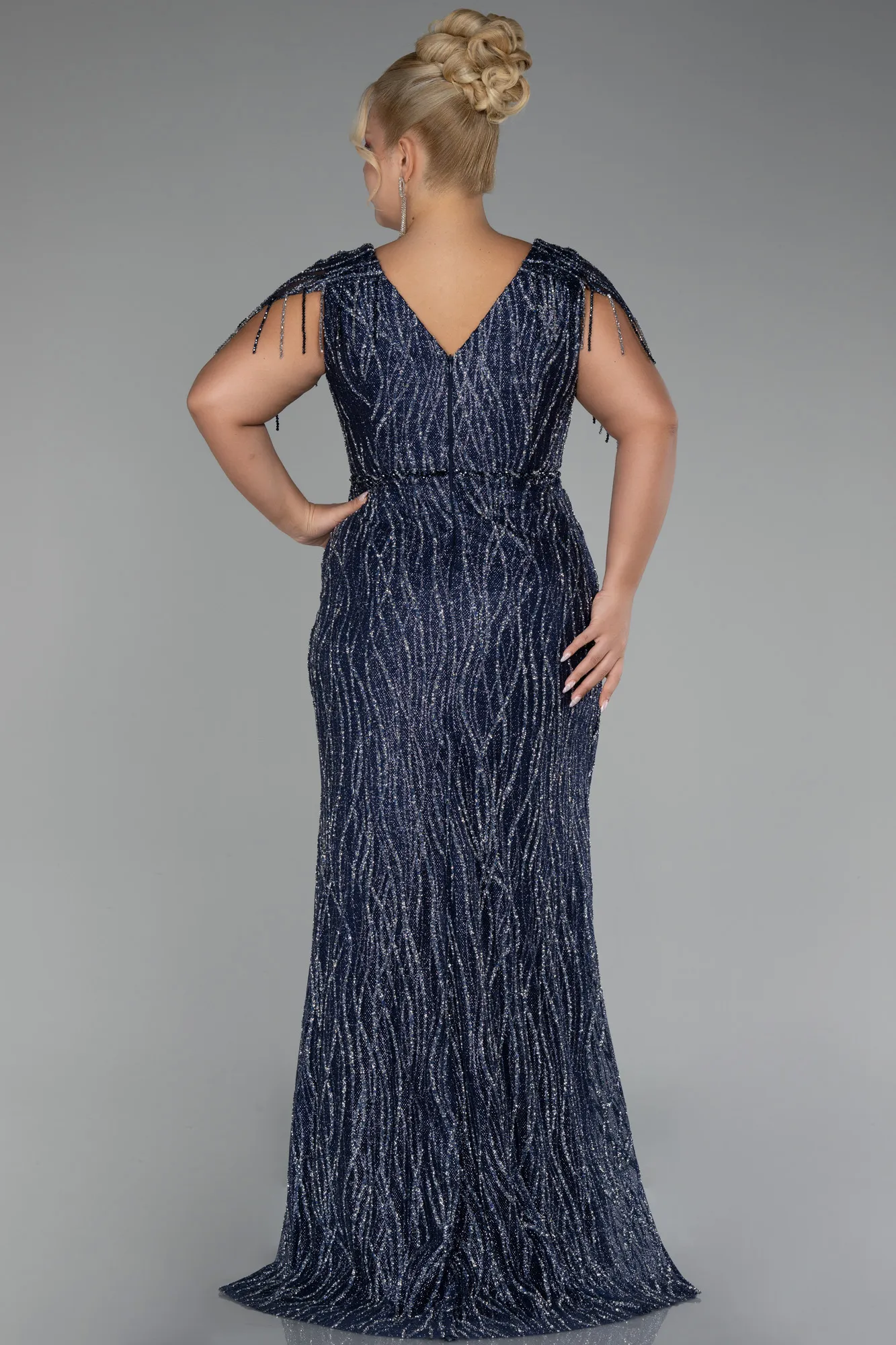 Navy Blue-Short Sleeve Stony Long Plus Size Special Design Evening Dress ABU4146