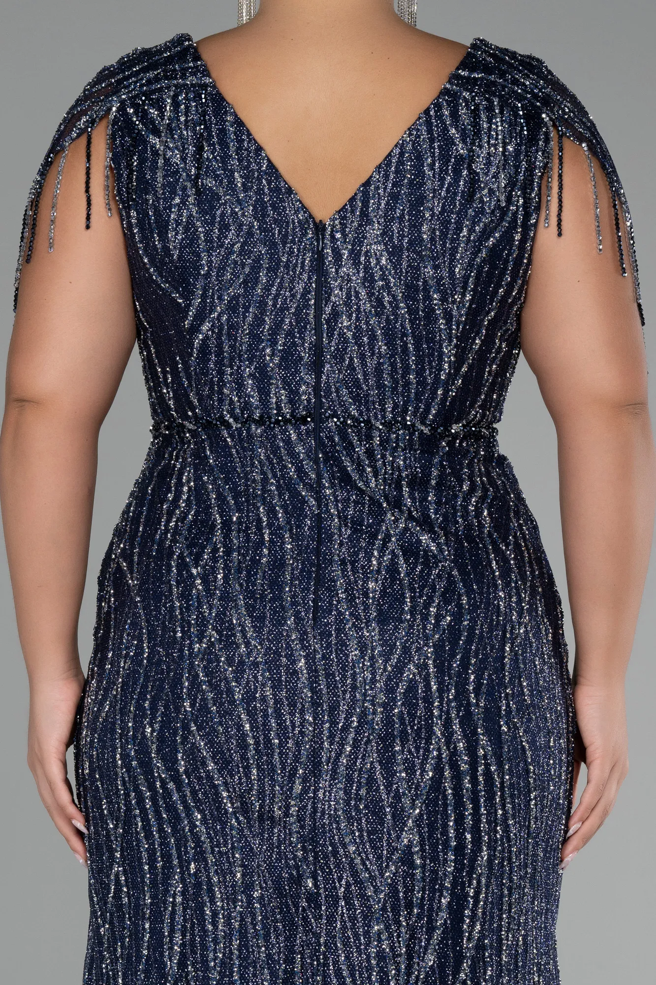 Navy Blue-Short Sleeve Stony Long Plus Size Special Design Evening Dress ABU4146