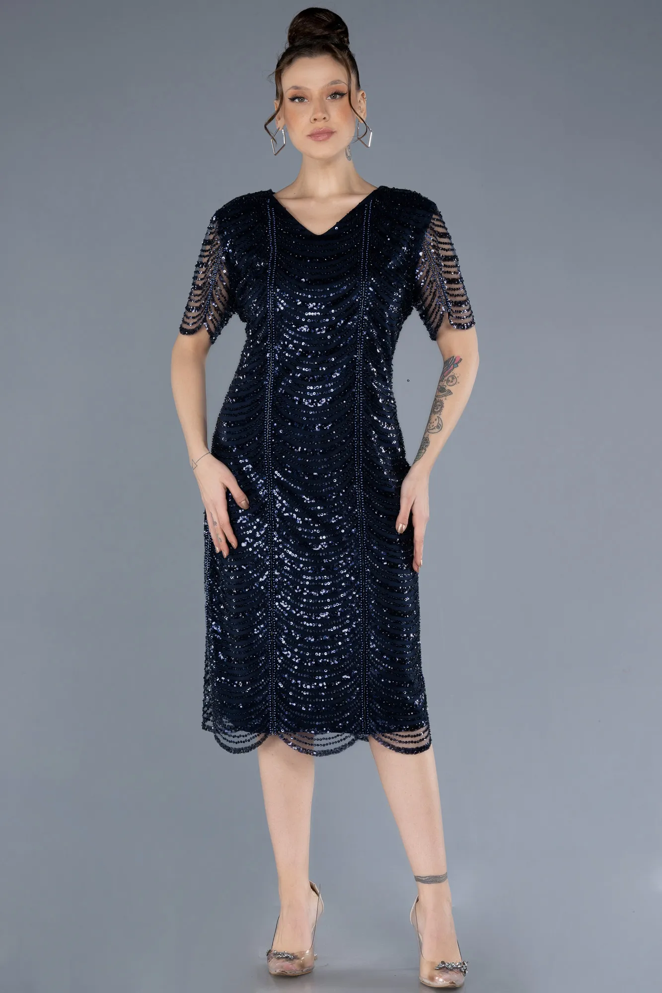 Navy Blue-Short Sleeve V Neck Beaded Plus Size Evening Gown ABK2230