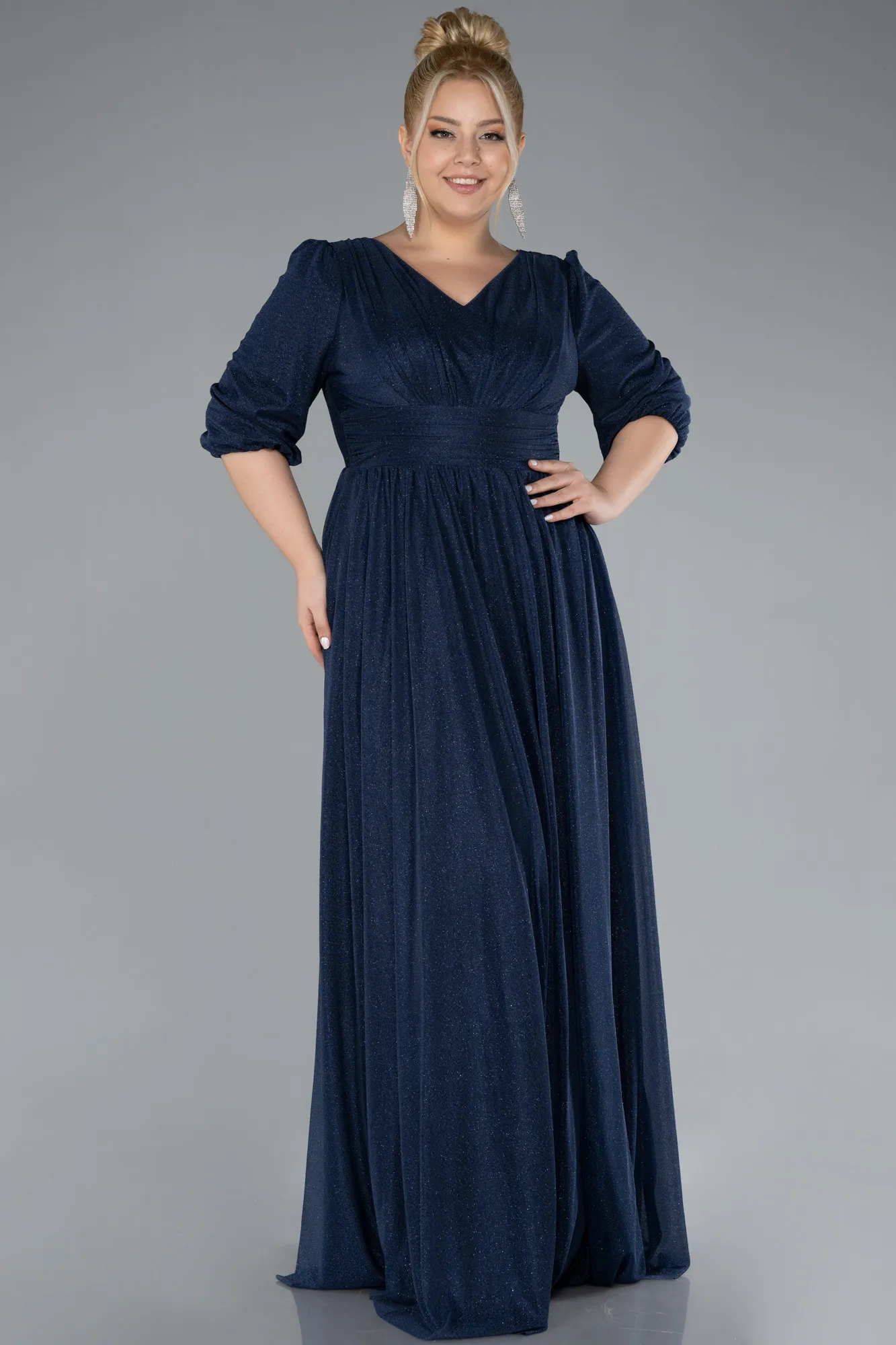 Navy Blue-Short Sleeve V-Neck Long Glitter Evening Dress ABU4275