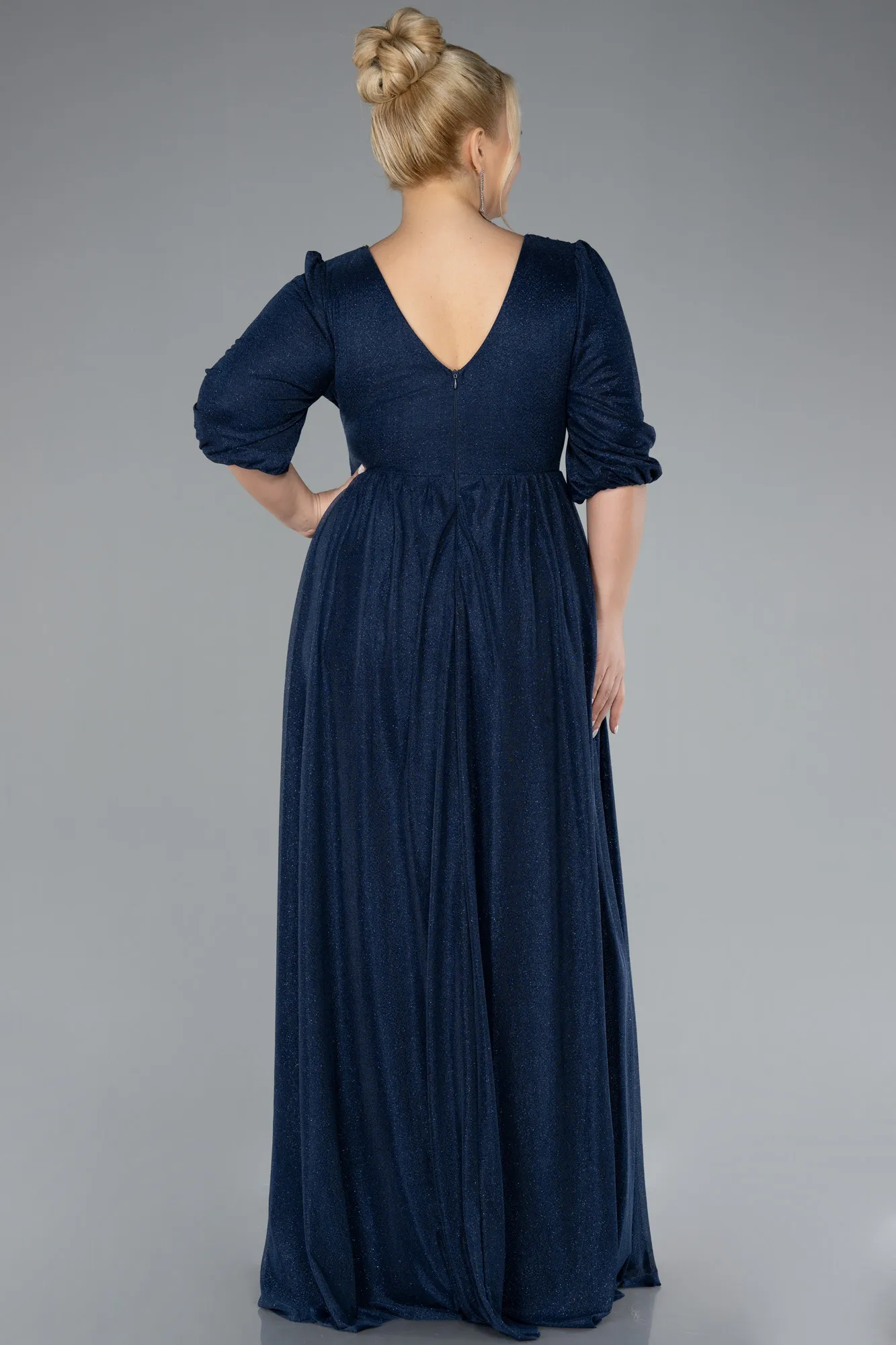 Navy Blue-Short Sleeve V-Neck Long Glitter Evening Dress ABU4275