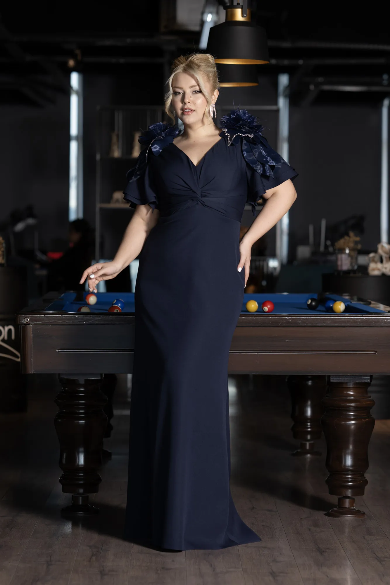 Navy Blue-Short Sleeve V Neck Long Plus Size Evening Dress ABU4353