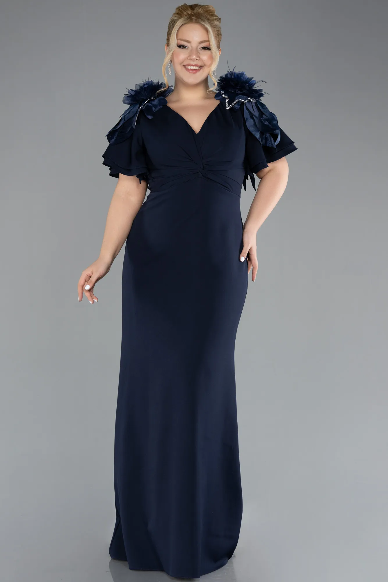 Navy Blue-Short Sleeve V Neck Long Plus Size Evening Dress ABU4353