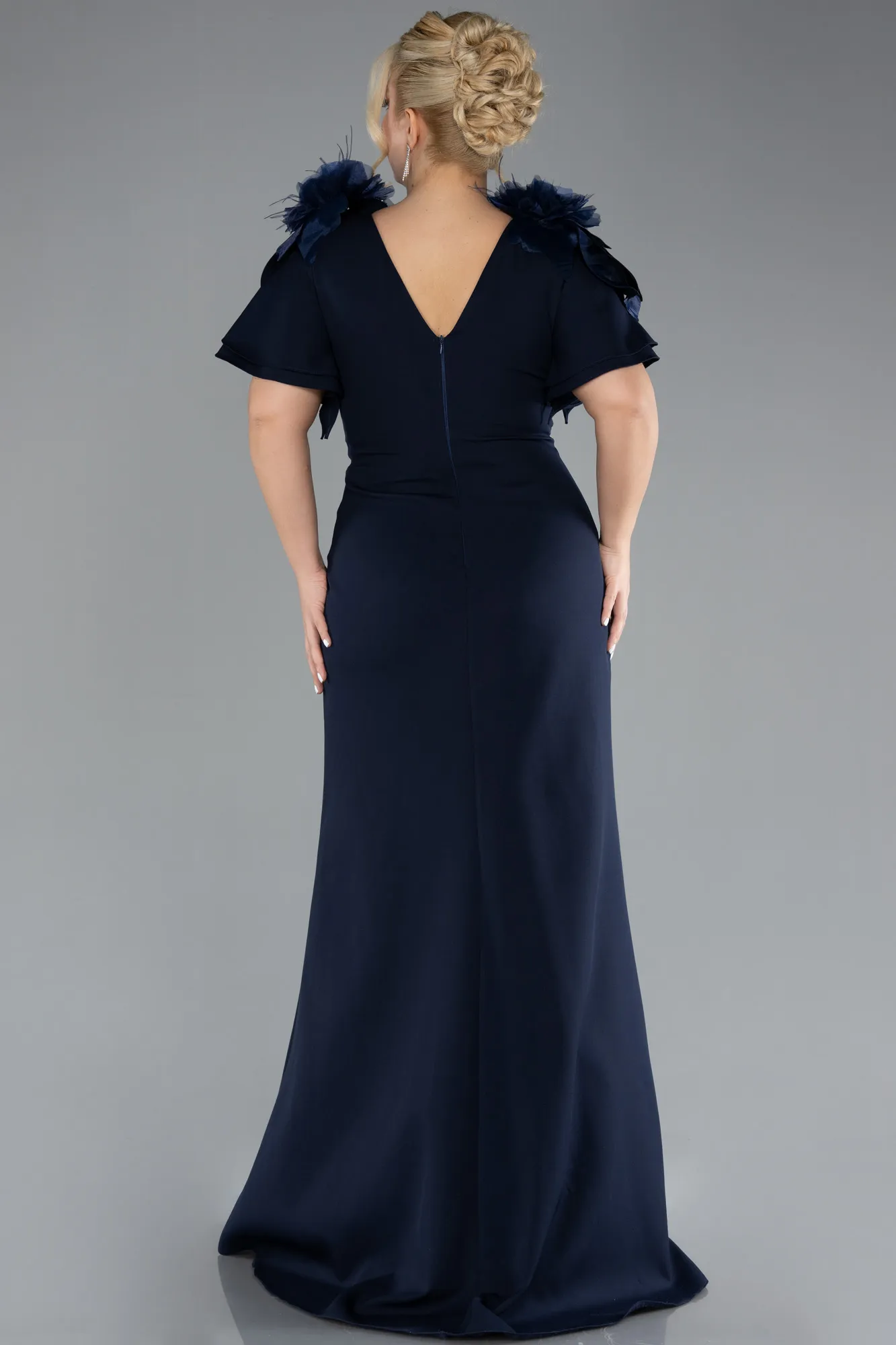 Navy Blue-Short Sleeve V Neck Long Plus Size Evening Dress ABU4353