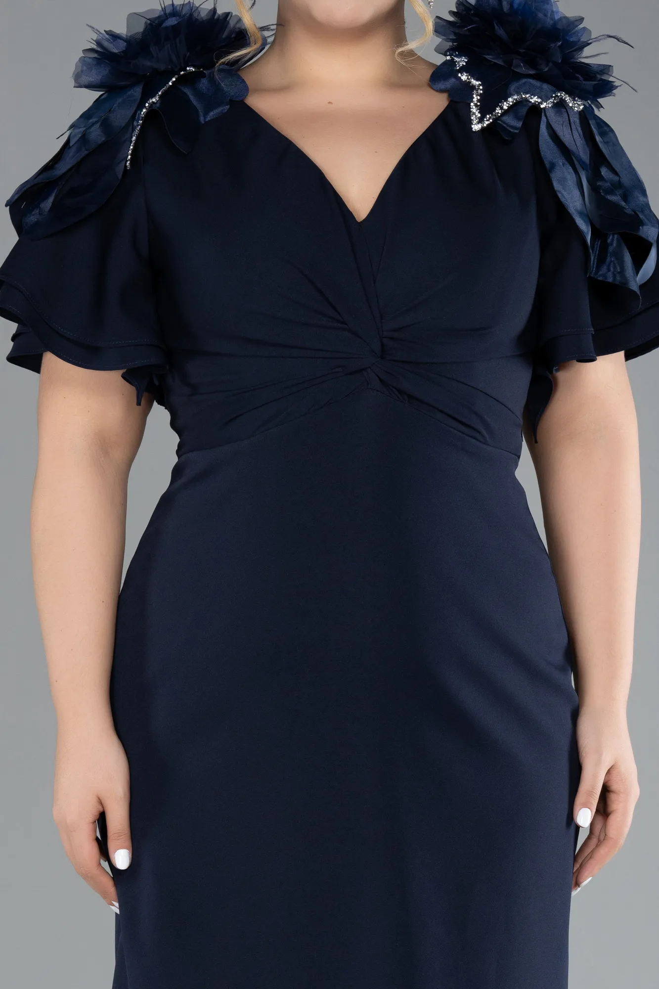 Navy Blue-Short Sleeve V Neck Long Plus Size Evening Dress ABU4353