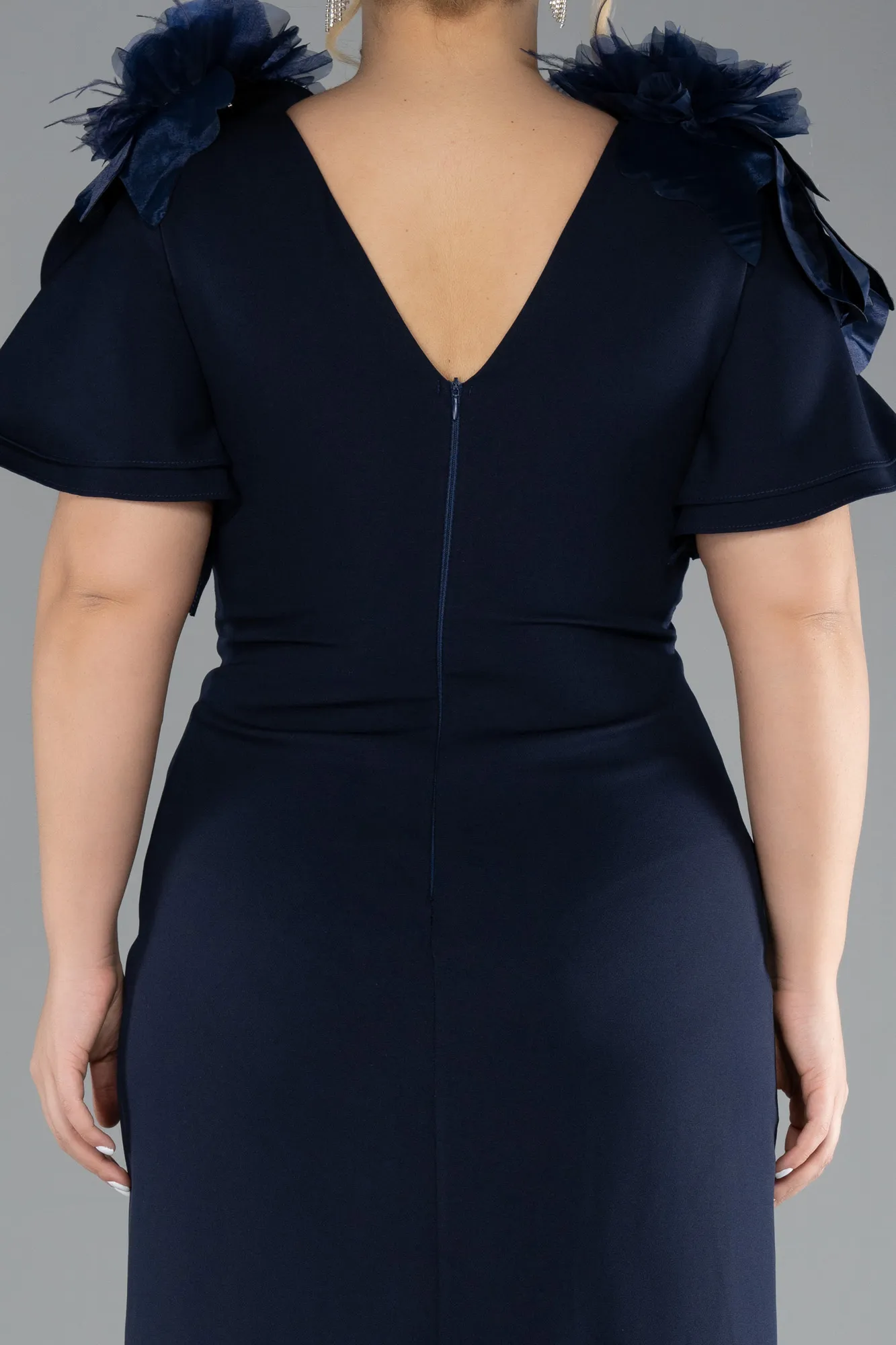 Navy Blue-Short Sleeve V Neck Long Plus Size Evening Dress ABU4353