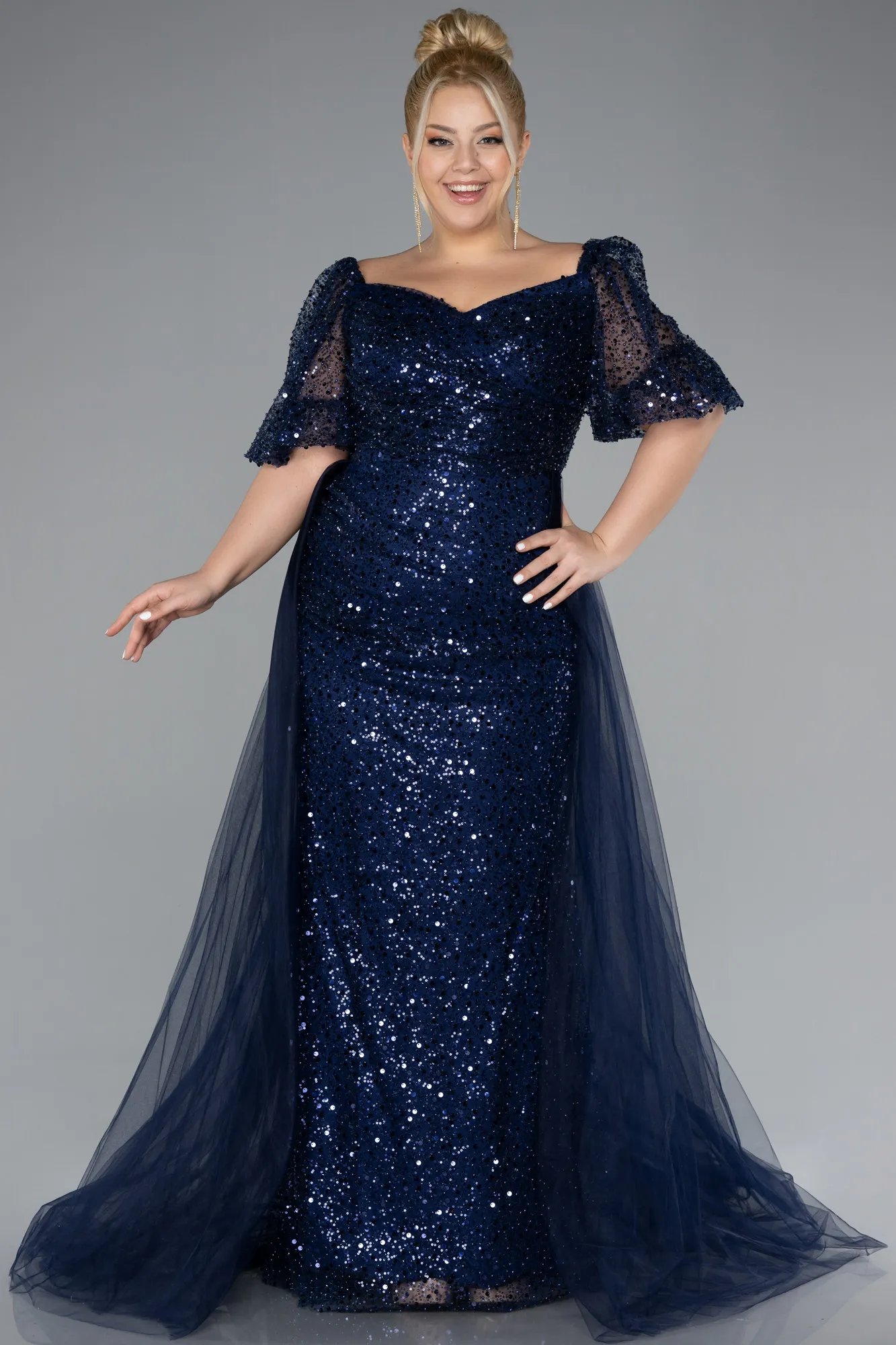 Navy Blue-Short Sleeves Long Scaly Plus Size Evening Gown ABU4281