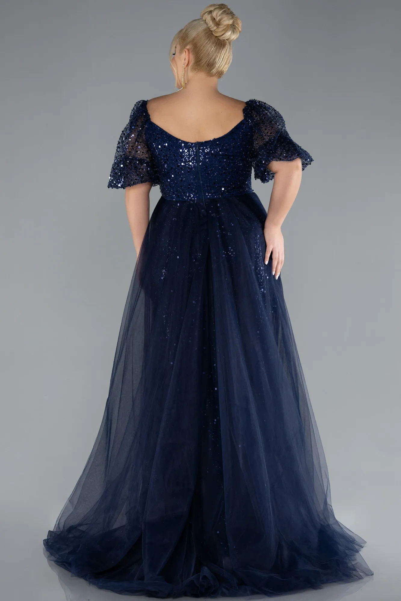 Navy Blue-Short Sleeves Long Scaly Plus Size Evening Gown ABU4281