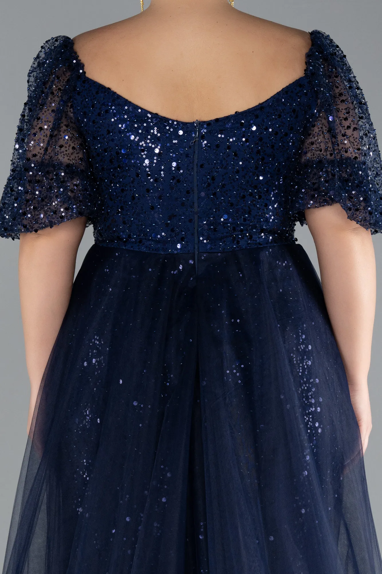 Navy Blue-Short Sleeves Long Scaly Plus Size Evening Gown ABU4281