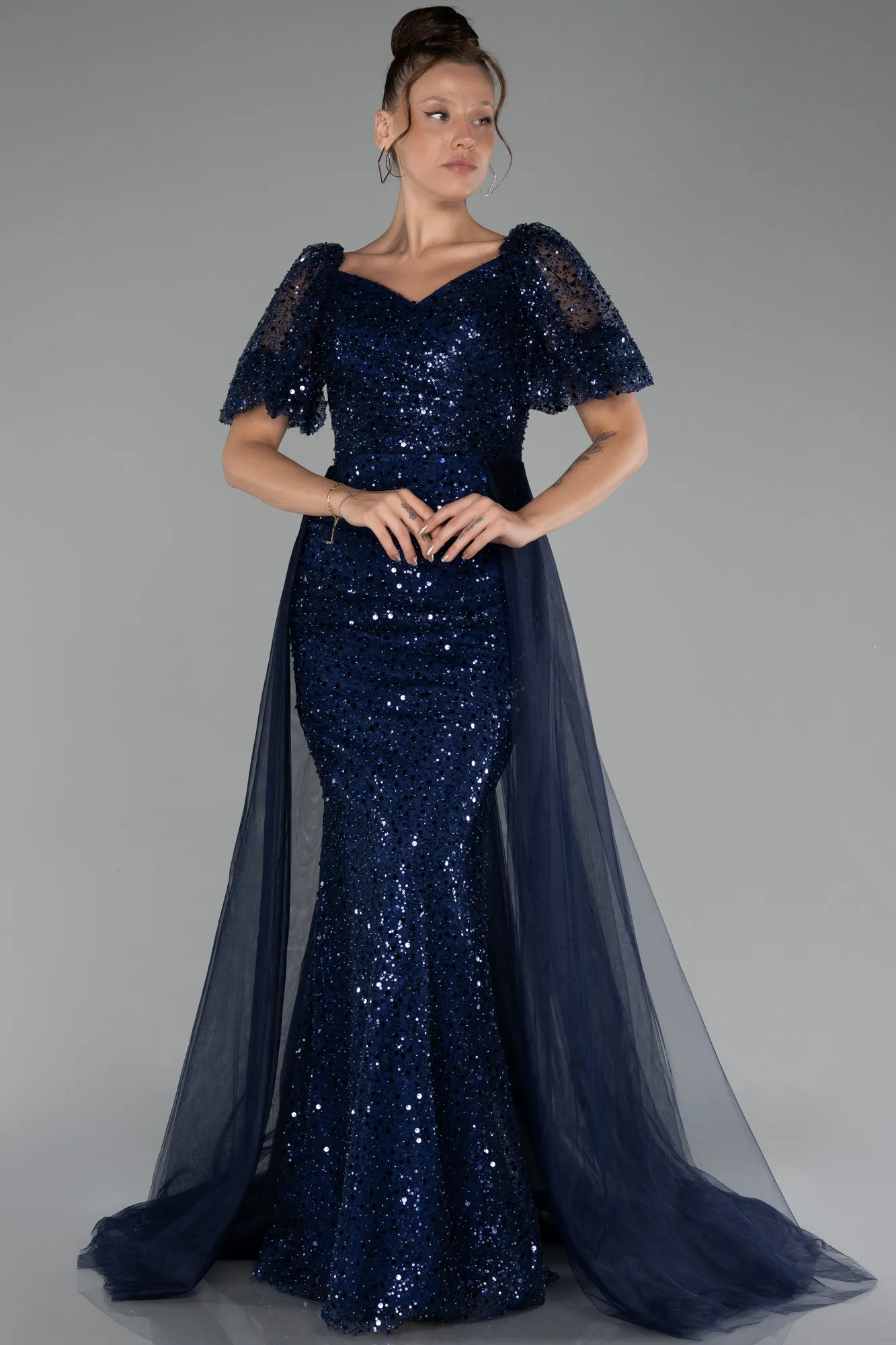 Navy Blue-Short Sleeves Tail Long Scaly Evening Gown ABU4280