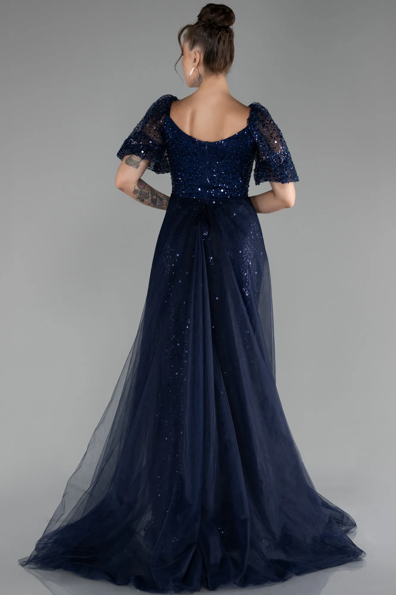 Navy Blue-Short Sleeves Tail Long Scaly Evening Gown ABU4280