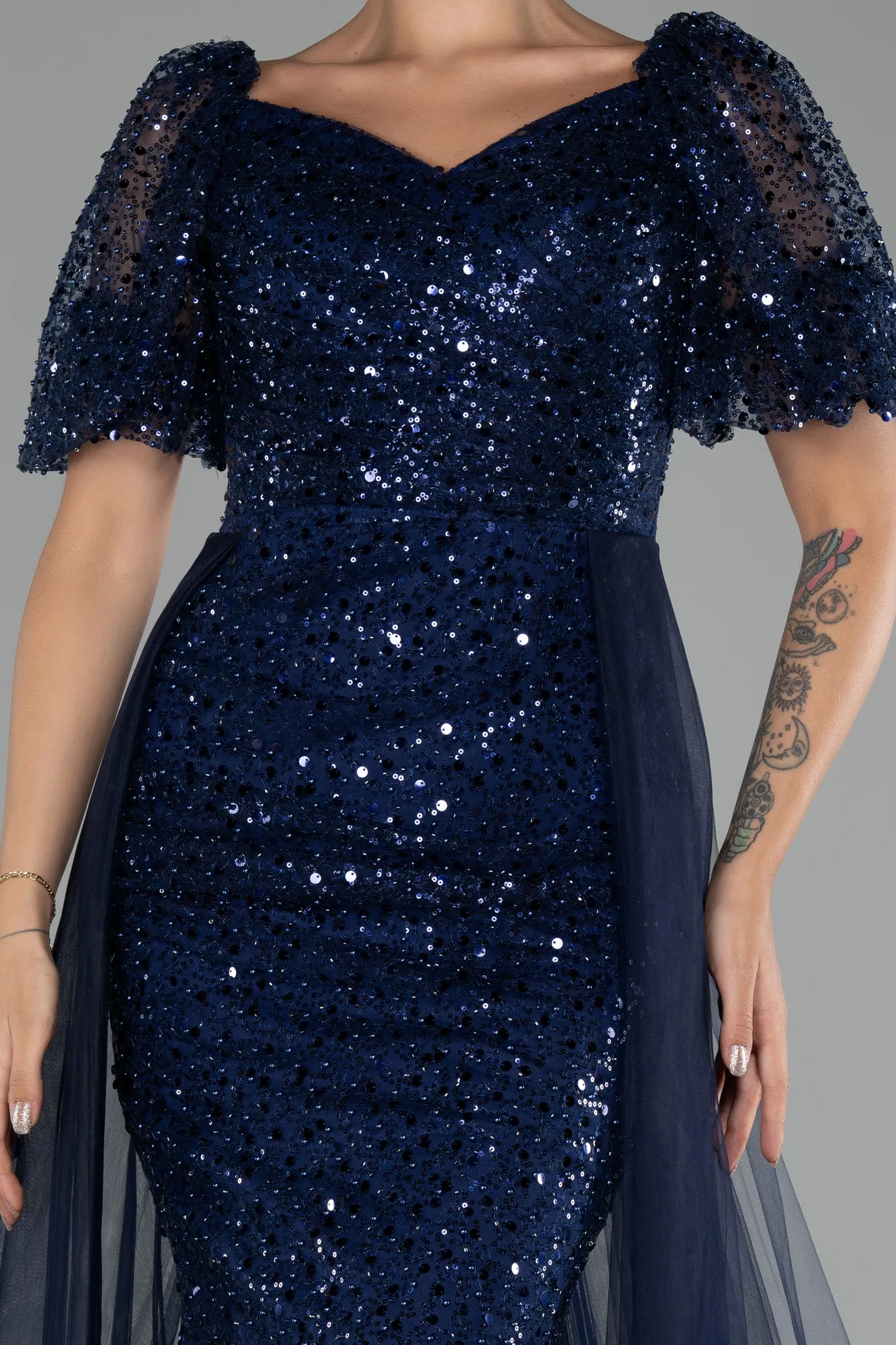 Navy Blue-Short Sleeves Tail Long Scaly Evening Gown ABU4280