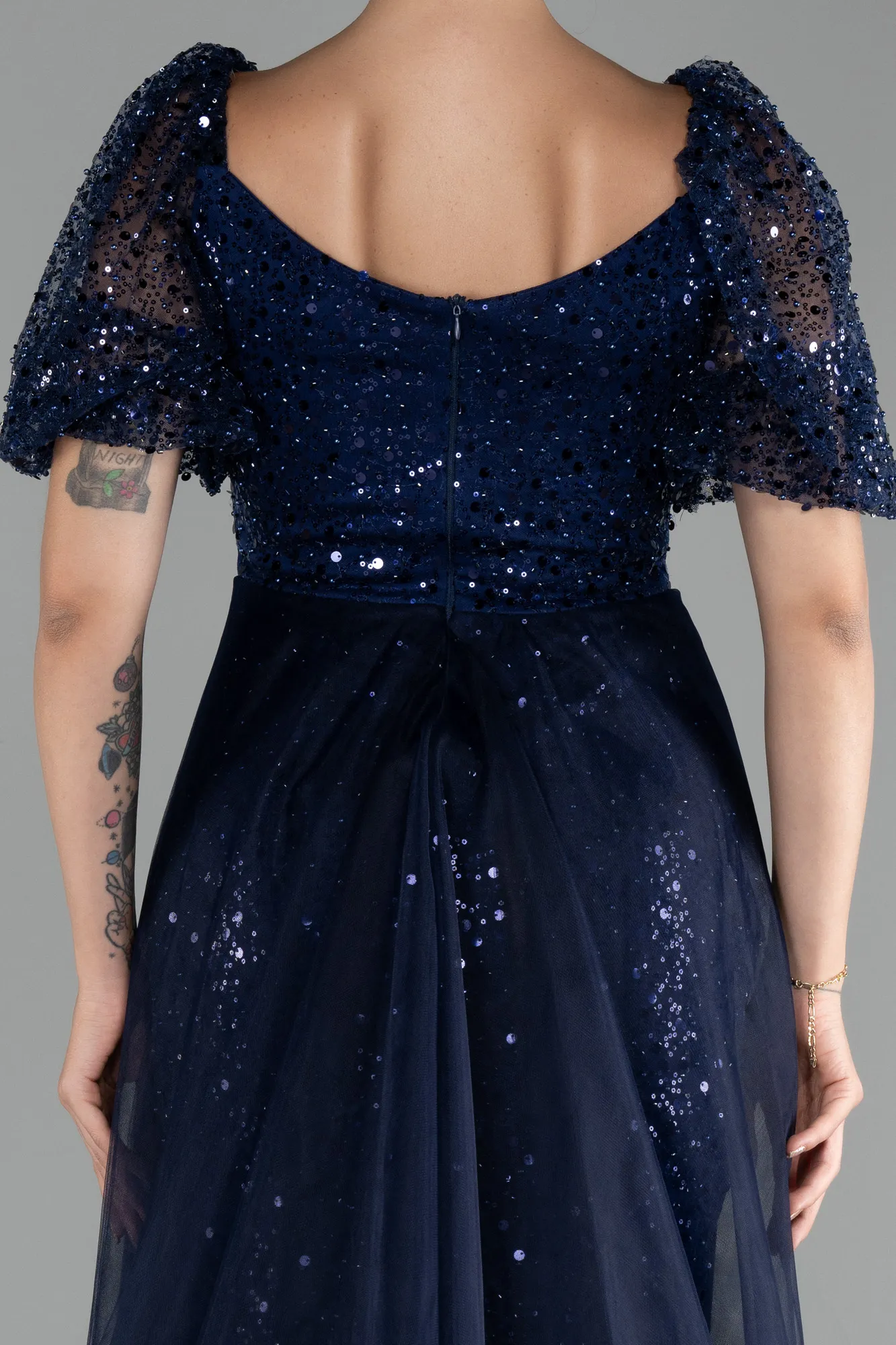 Navy Blue-Short Sleeves Tail Long Scaly Evening Gown ABU4280