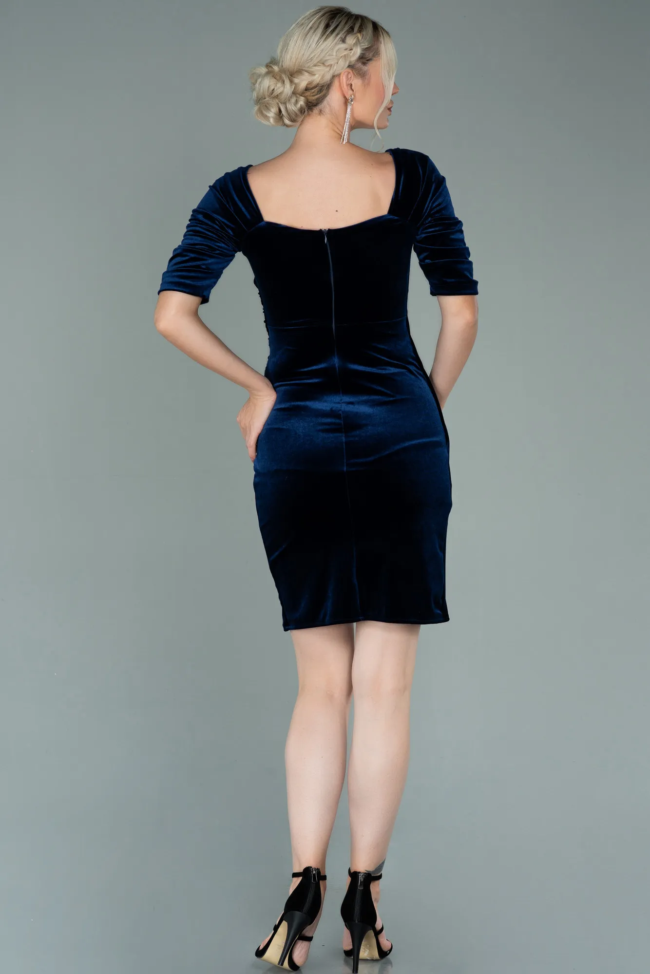 Navy Blue-Short Velvet Invitation Dress ABK1140