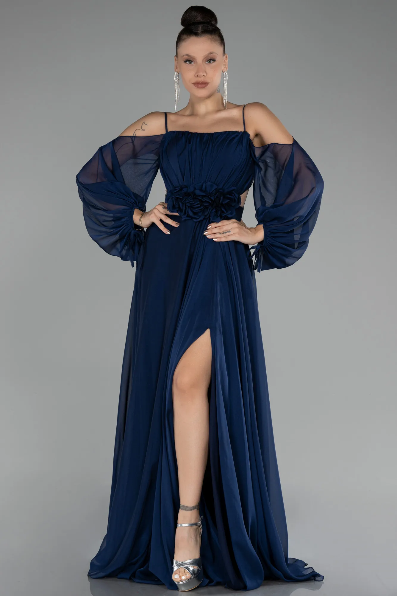 Navy Blue-Shoulder Decollete Long Sleeve Chiffon Prom Dress ABU4165