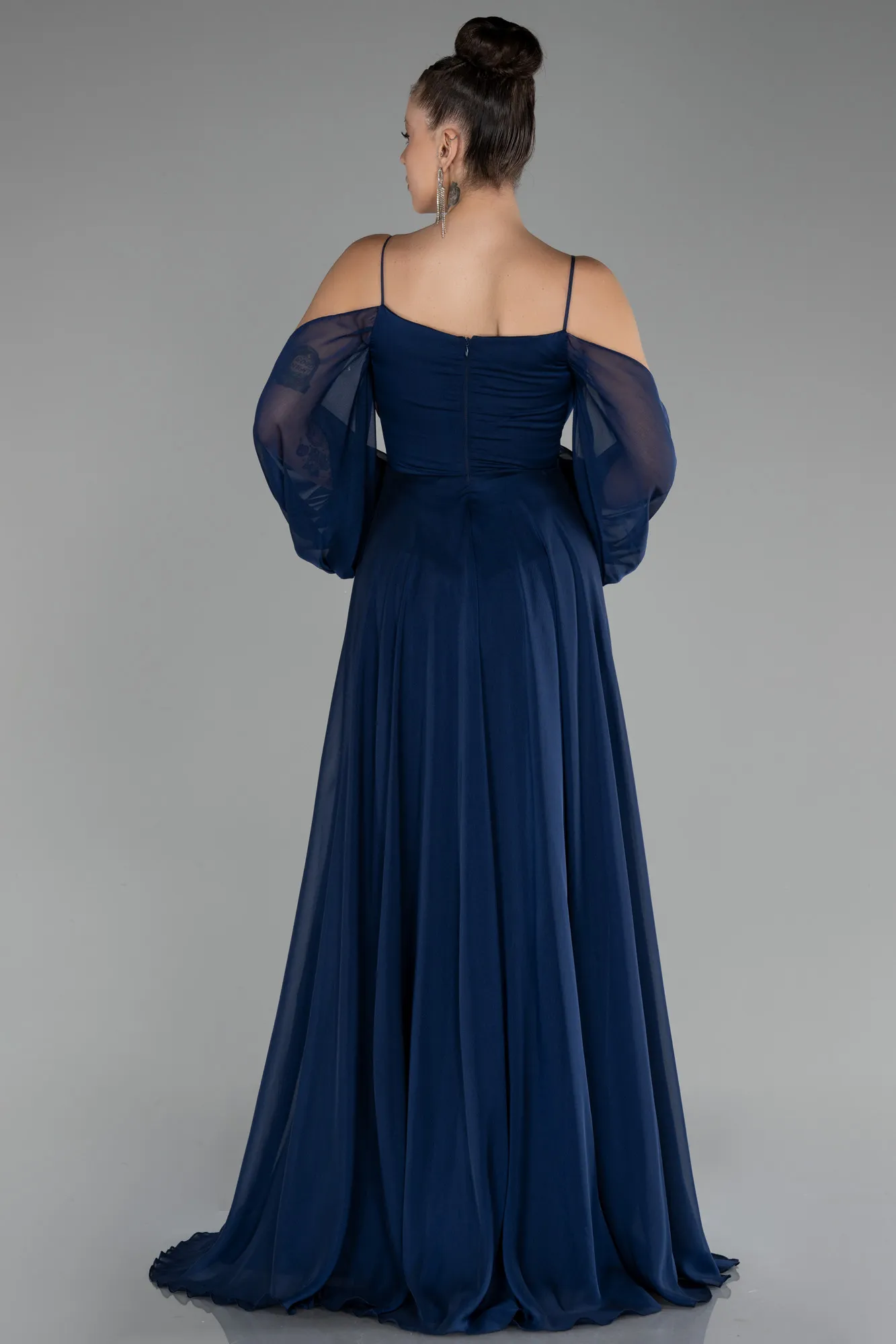 Navy Blue-Shoulder Decollete Long Sleeve Chiffon Prom Dress ABU4165