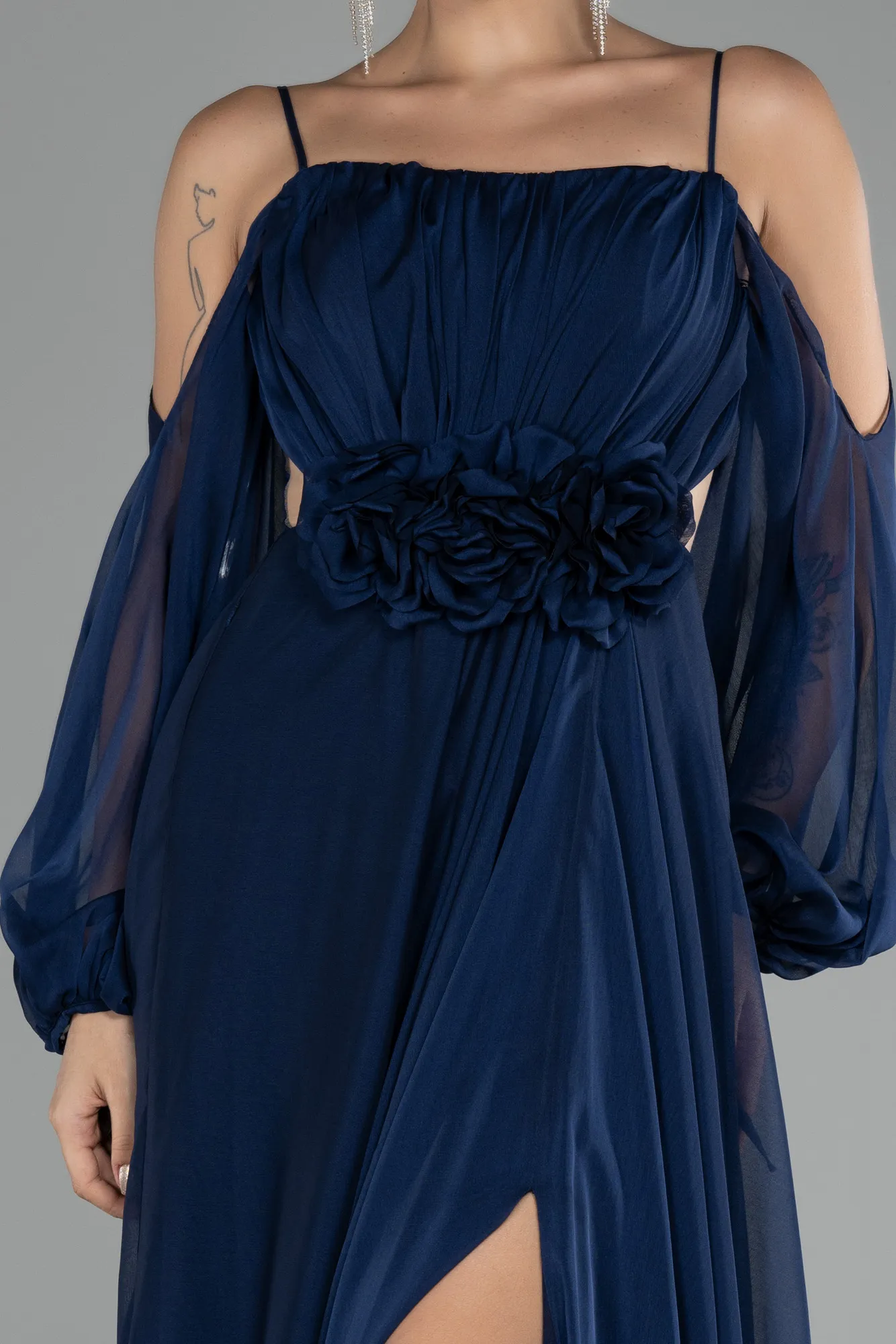 Navy Blue-Shoulder Decollete Long Sleeve Chiffon Prom Dress ABU4165