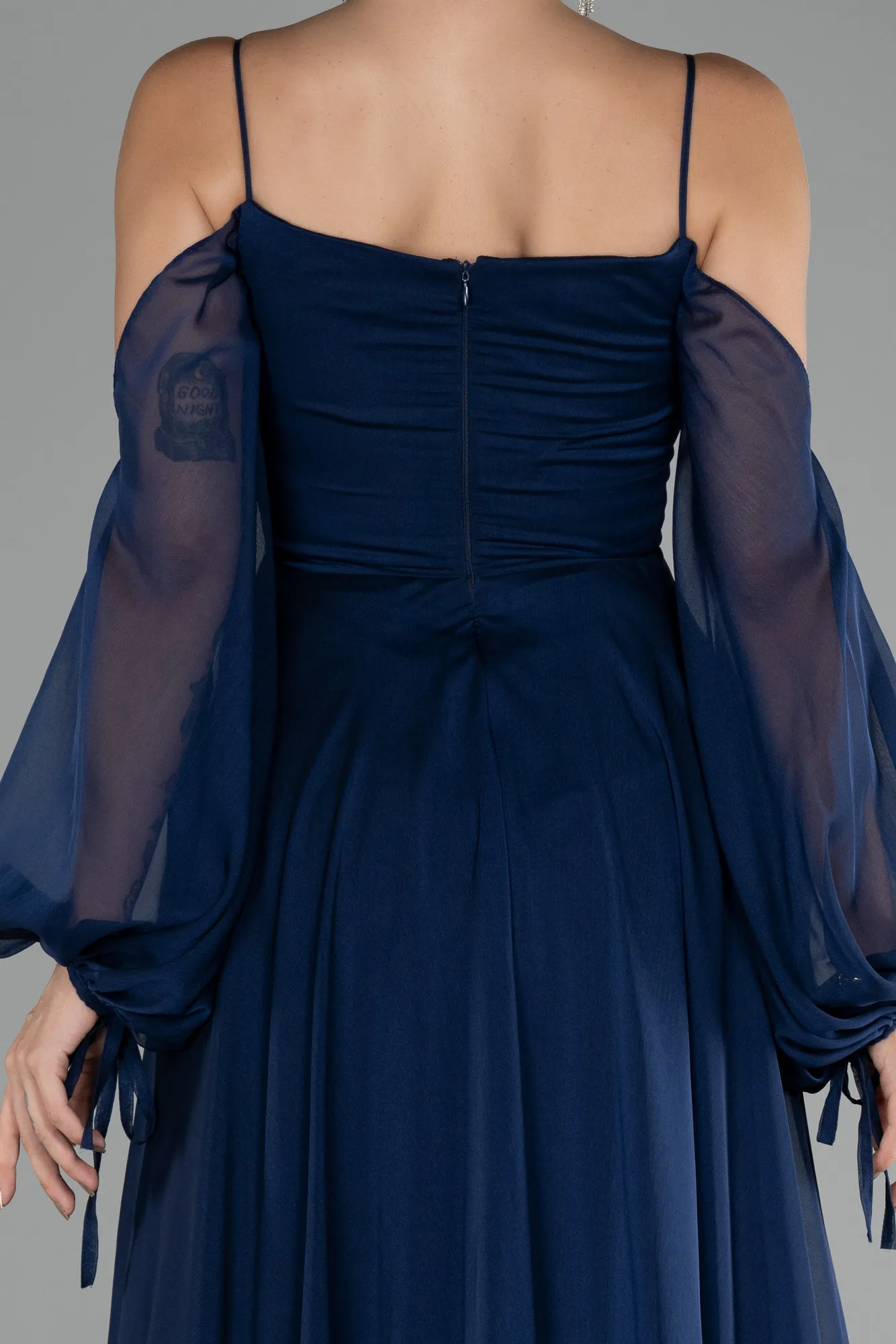 Navy Blue-Shoulder Decollete Long Sleeve Chiffon Prom Dress ABU4165