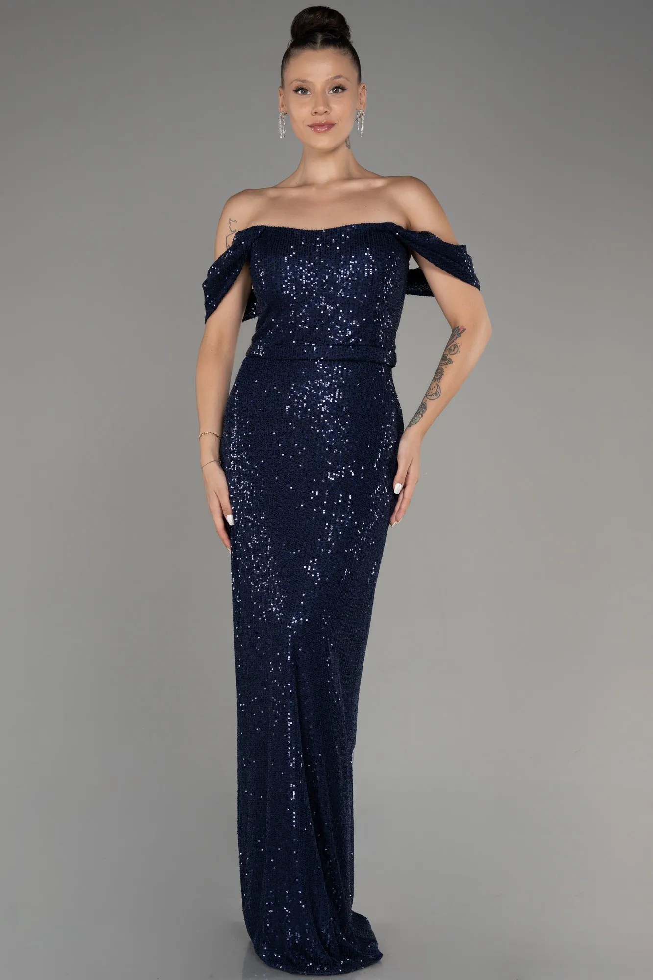 Navy Blue-Shoulder Low Cut Long Sequin Plus Size Evening Dress ABU3919