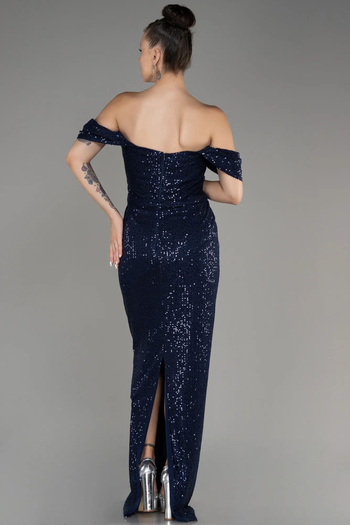 Navy Blue-Shoulder Low Cut Long Sequin Plus Size Evening Dress ABU3919