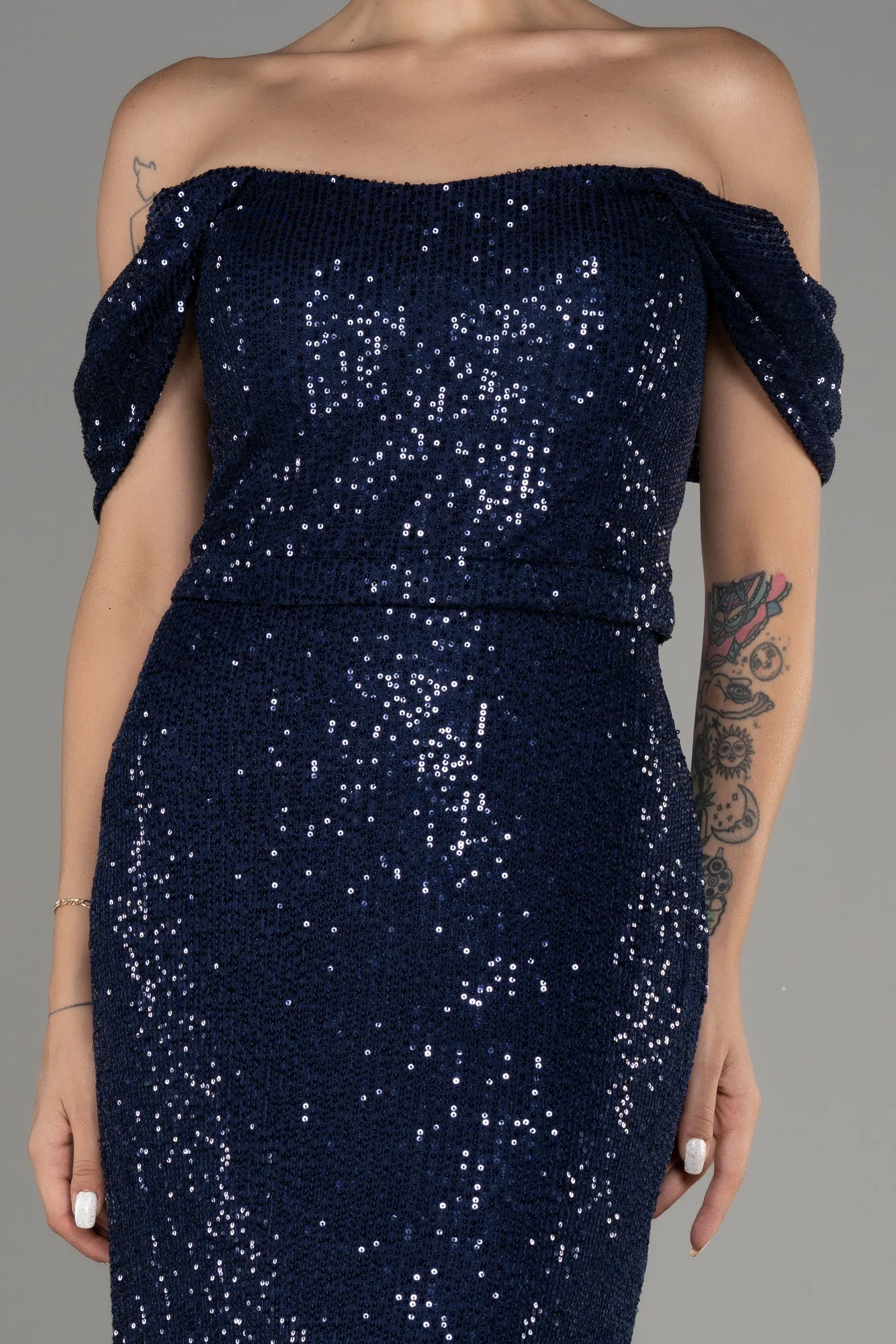 Navy Blue-Shoulder Low Cut Long Sequin Plus Size Evening Dress ABU3919