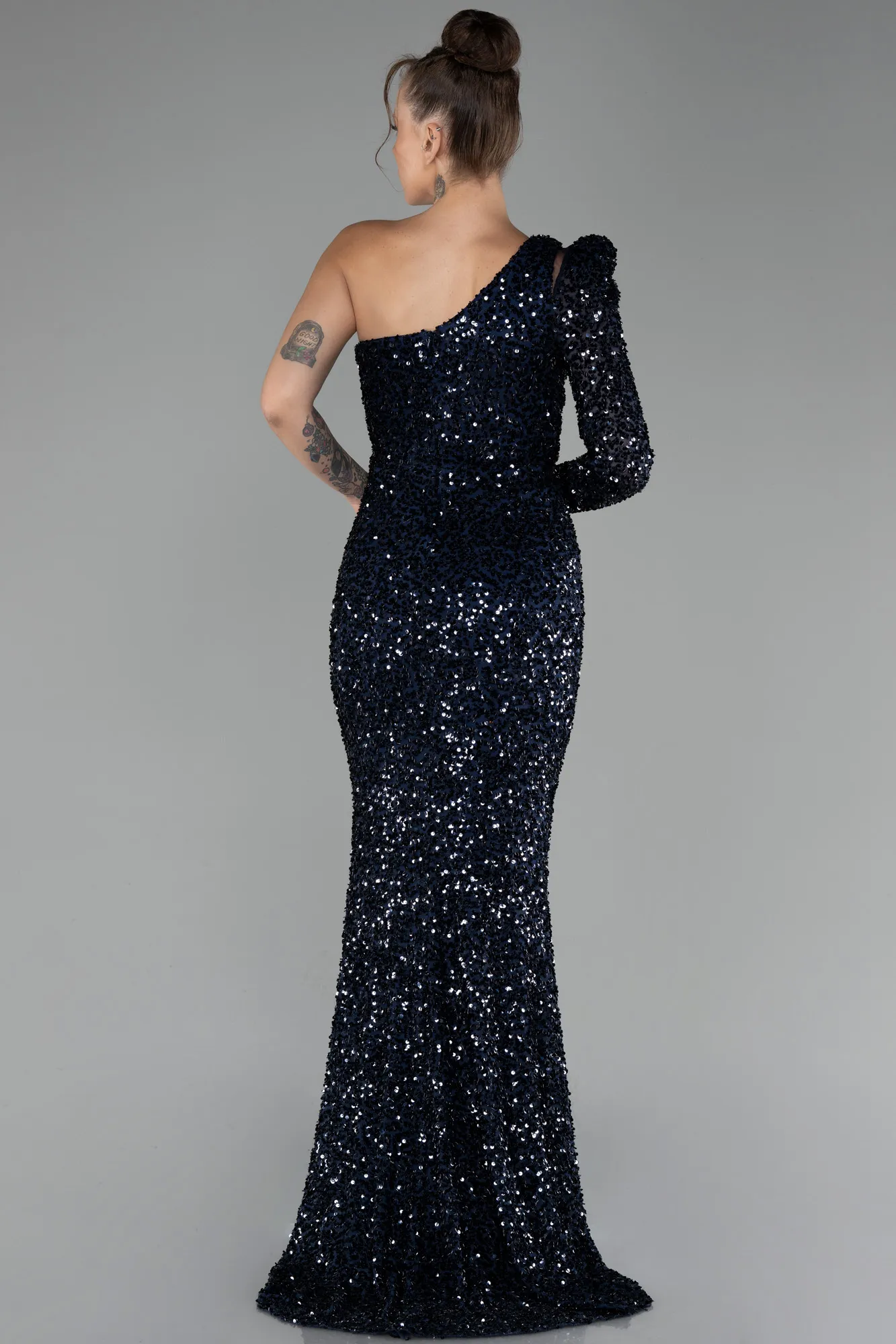 Navy Blue-Single Sleeve Slit Long Sequined Evening Gown ABU4302