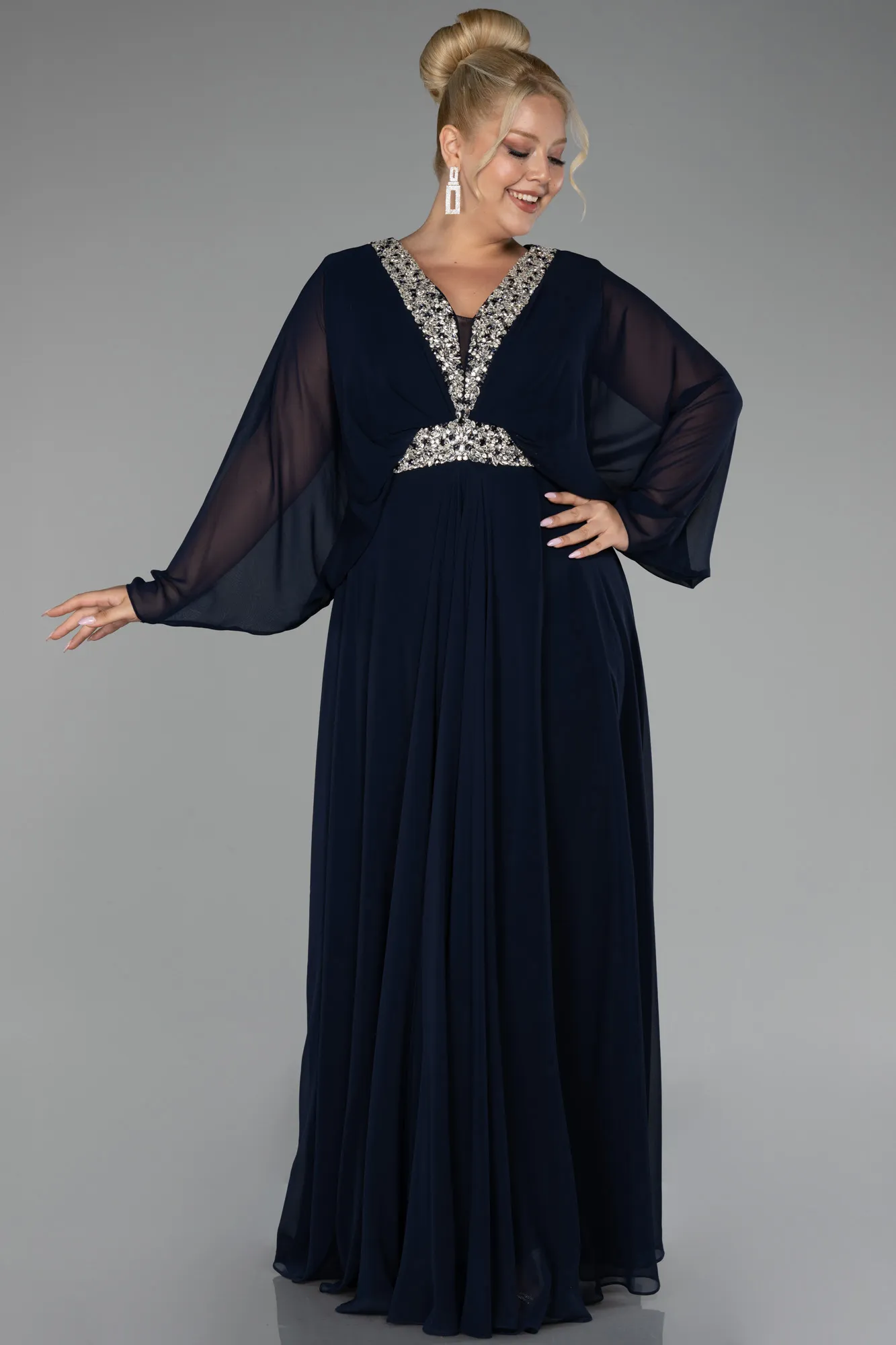 Navy Blue-Sleeve Stone V Neck Long Chiffon Plus Size Evening Dress ABU4194