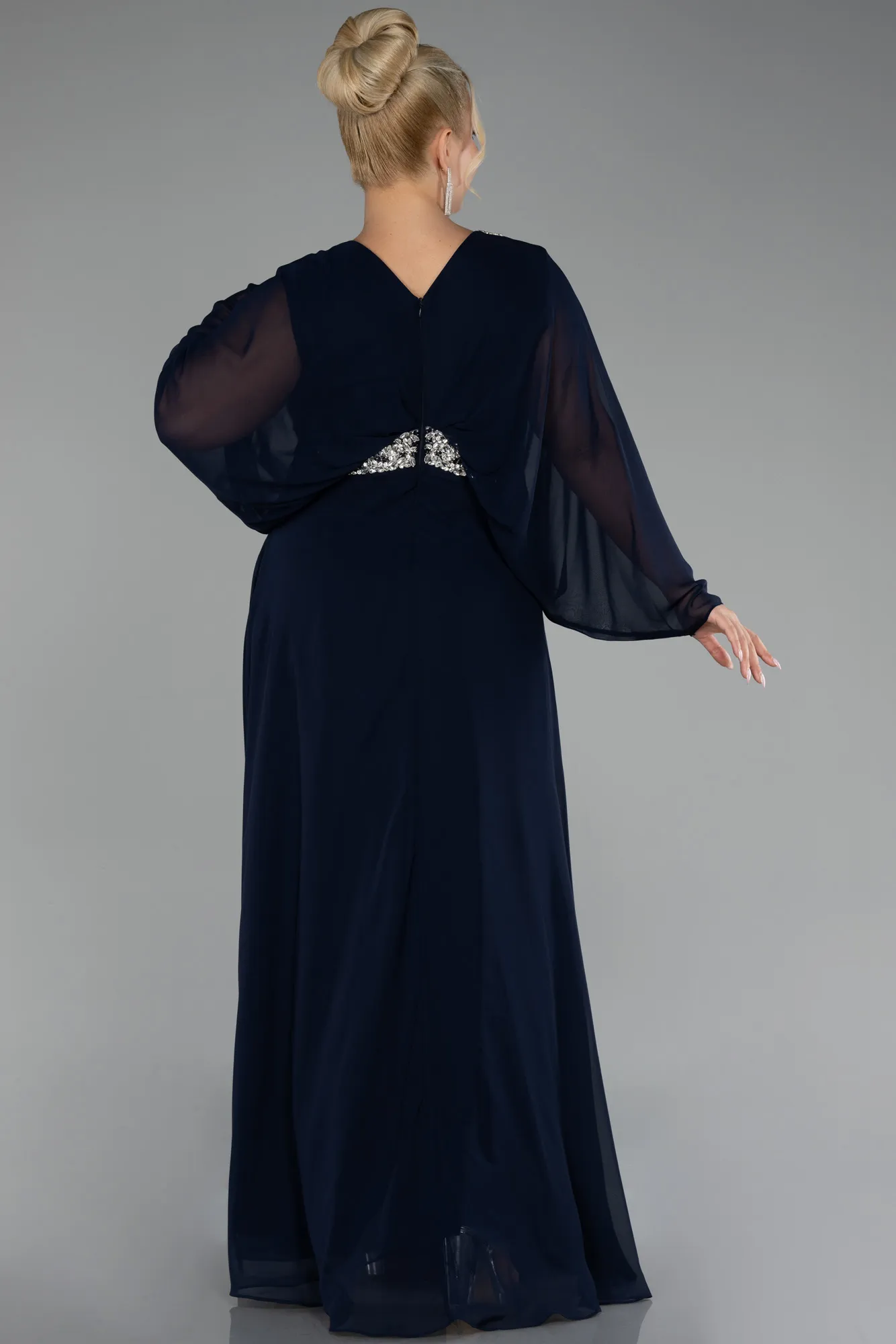 Navy Blue-Sleeve Stone V Neck Long Chiffon Plus Size Evening Dress ABU4194