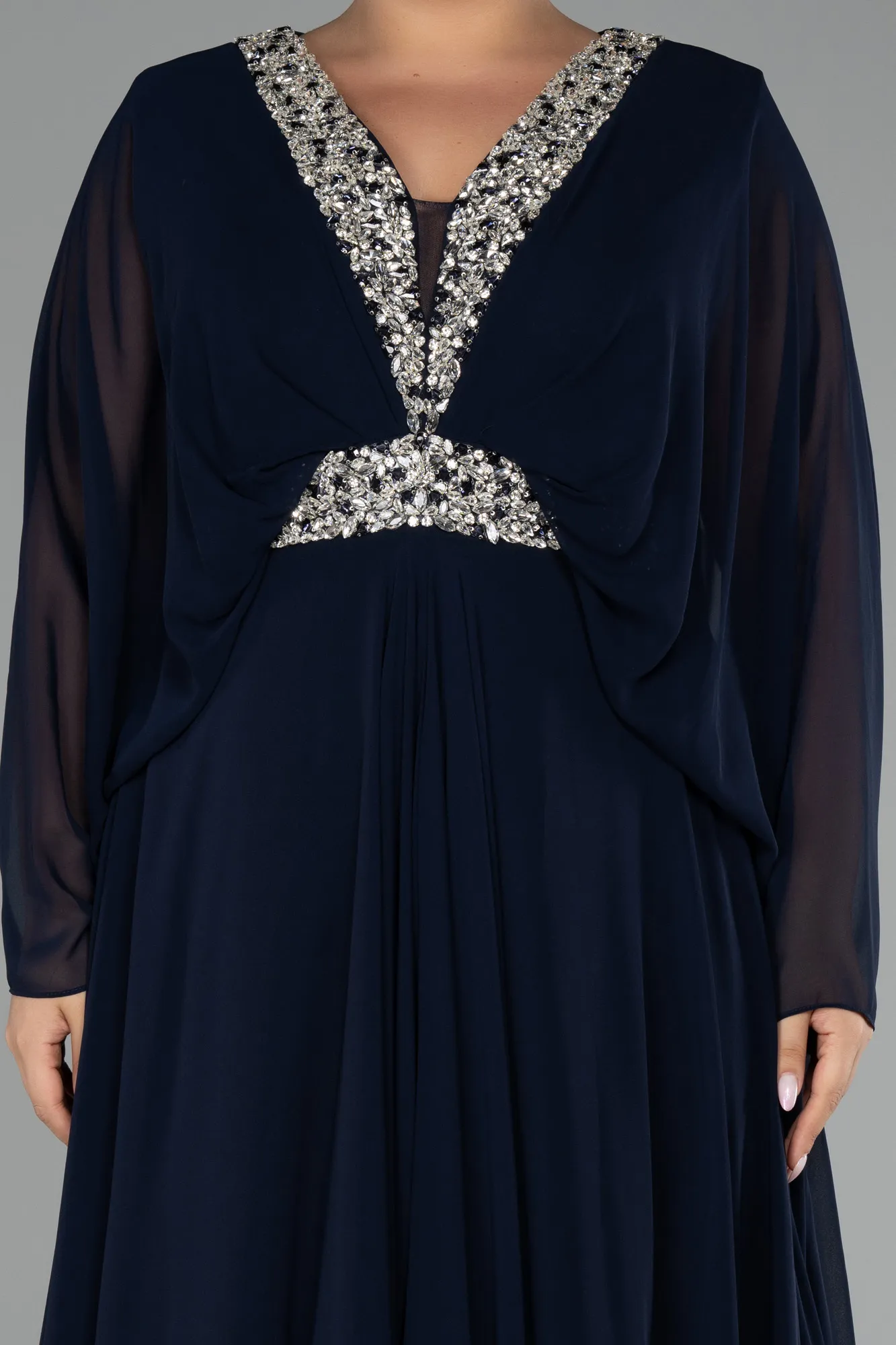 Navy Blue-Sleeve Stone V Neck Long Chiffon Plus Size Evening Dress ABU4194