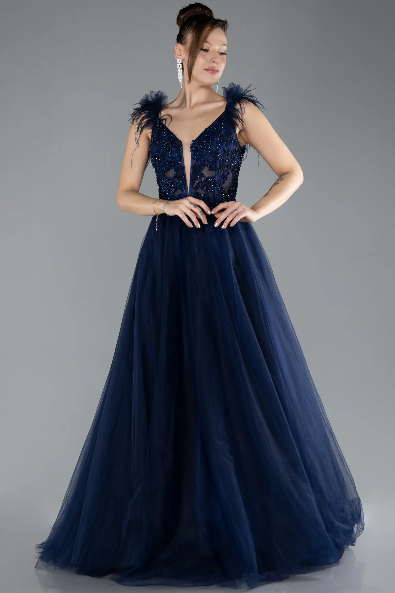 Navy Blue-Sleeveless Beaded Long Tulle Prom Dress ABU4491