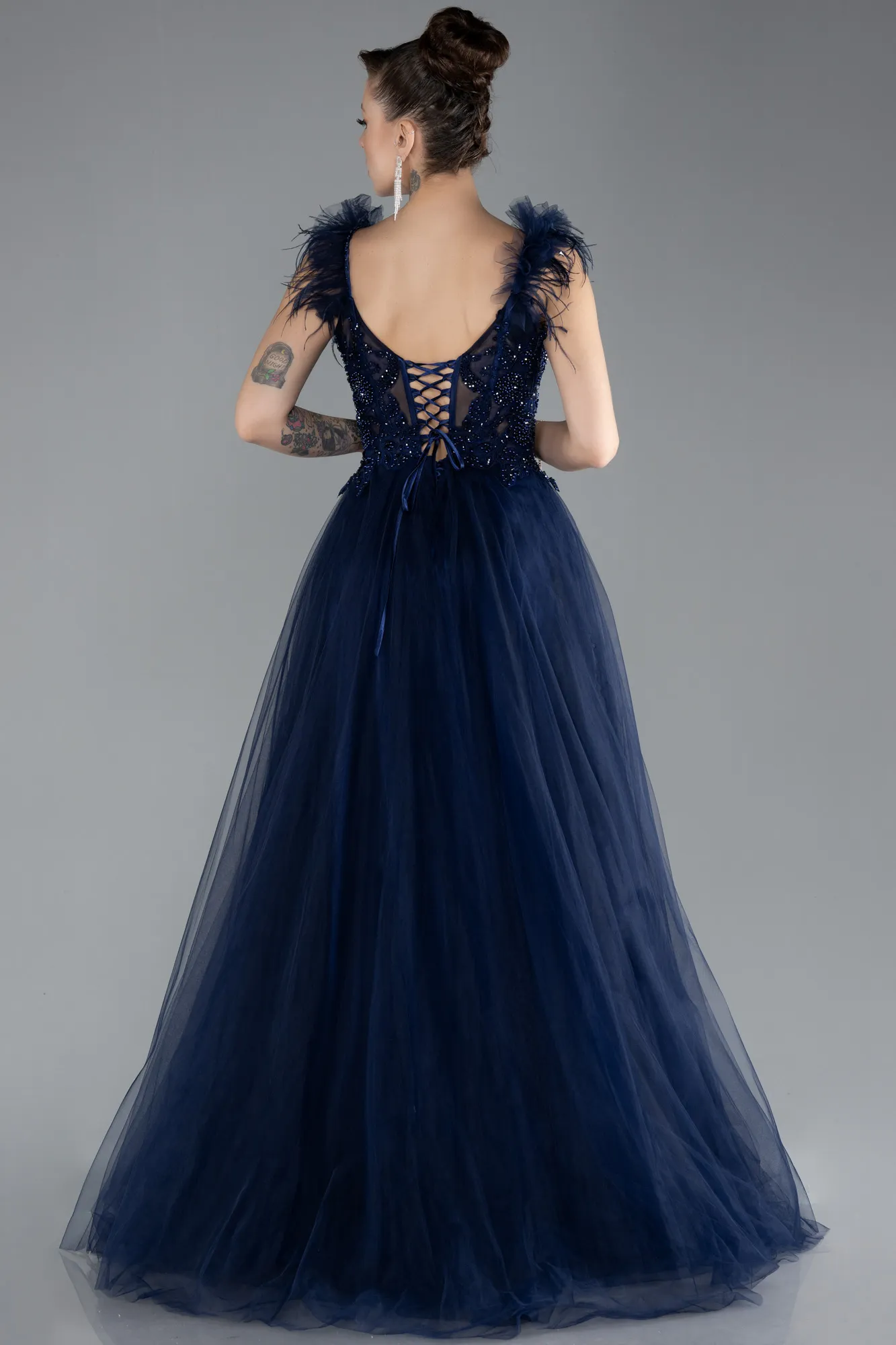 Navy Blue-Sleeveless Beaded Long Tulle Prom Dress ABU4491