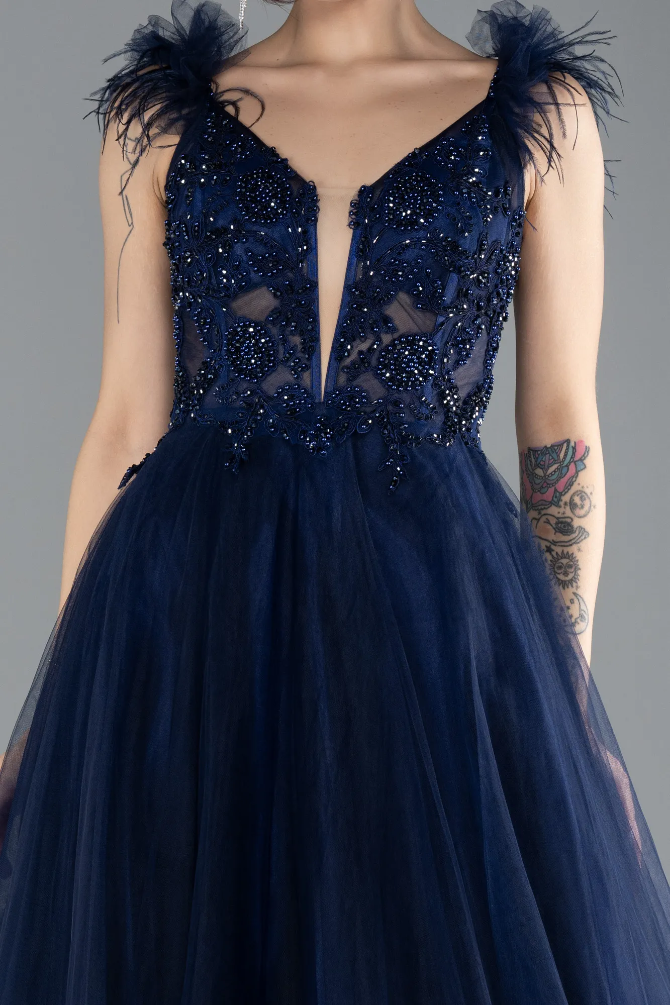 Navy Blue-Sleeveless Beaded Long Tulle Prom Dress ABU4491