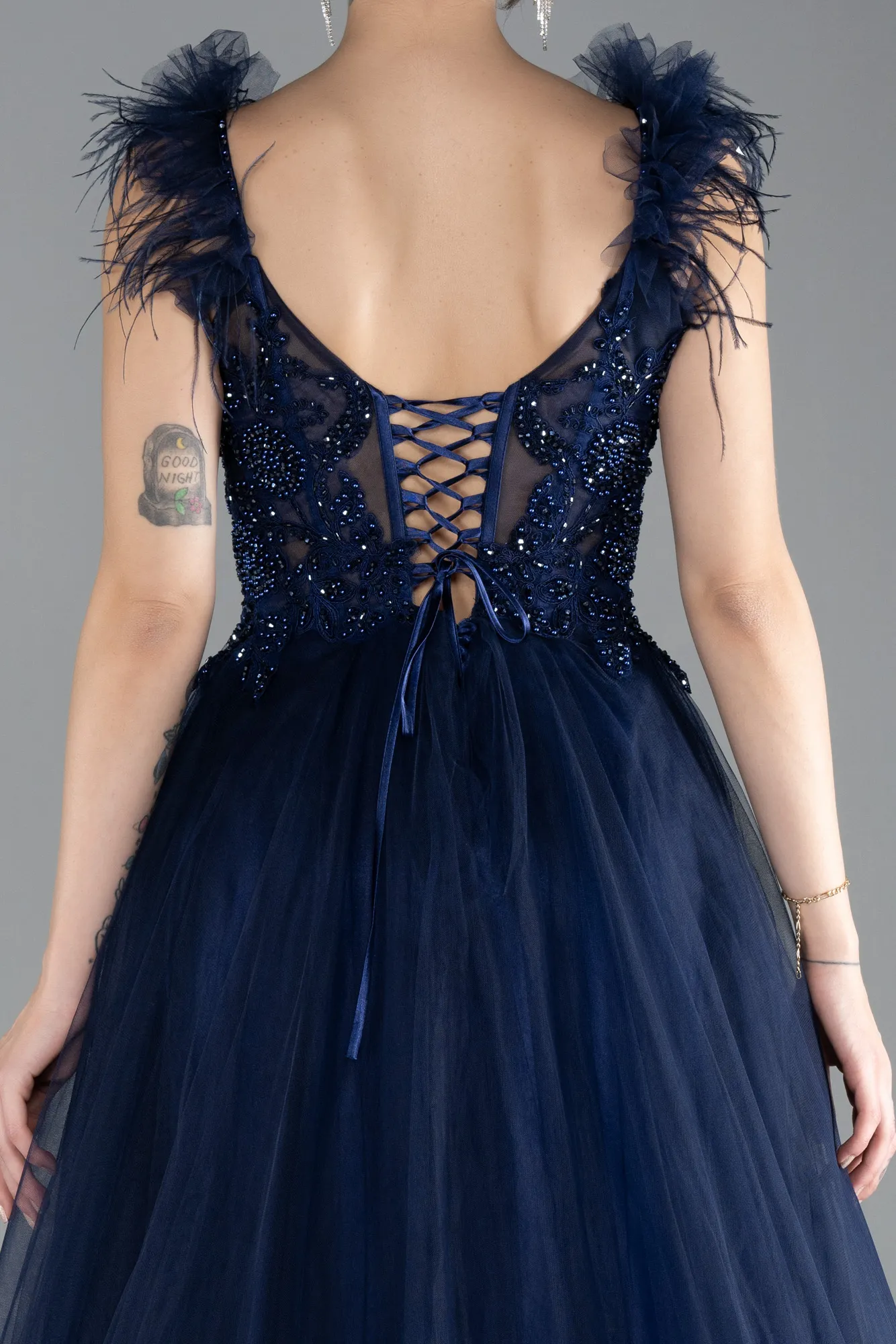 Navy Blue-Sleeveless Beaded Long Tulle Prom Dress ABU4491