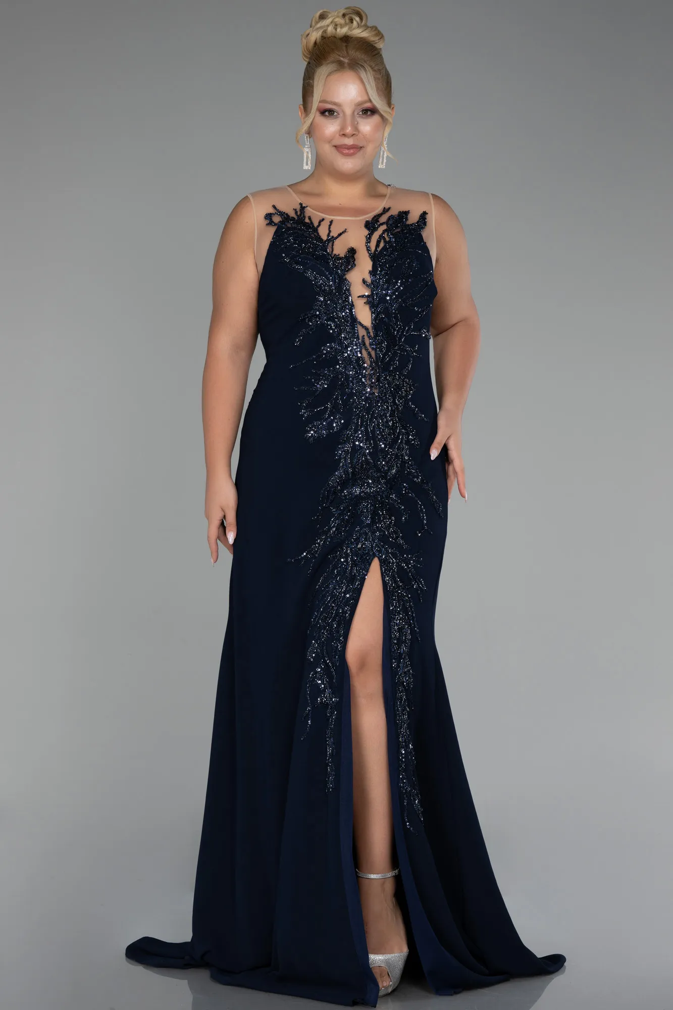 Navy Blue-Sleeveless Embroidered Slit Long Plus Size Evening Gown ABU4099