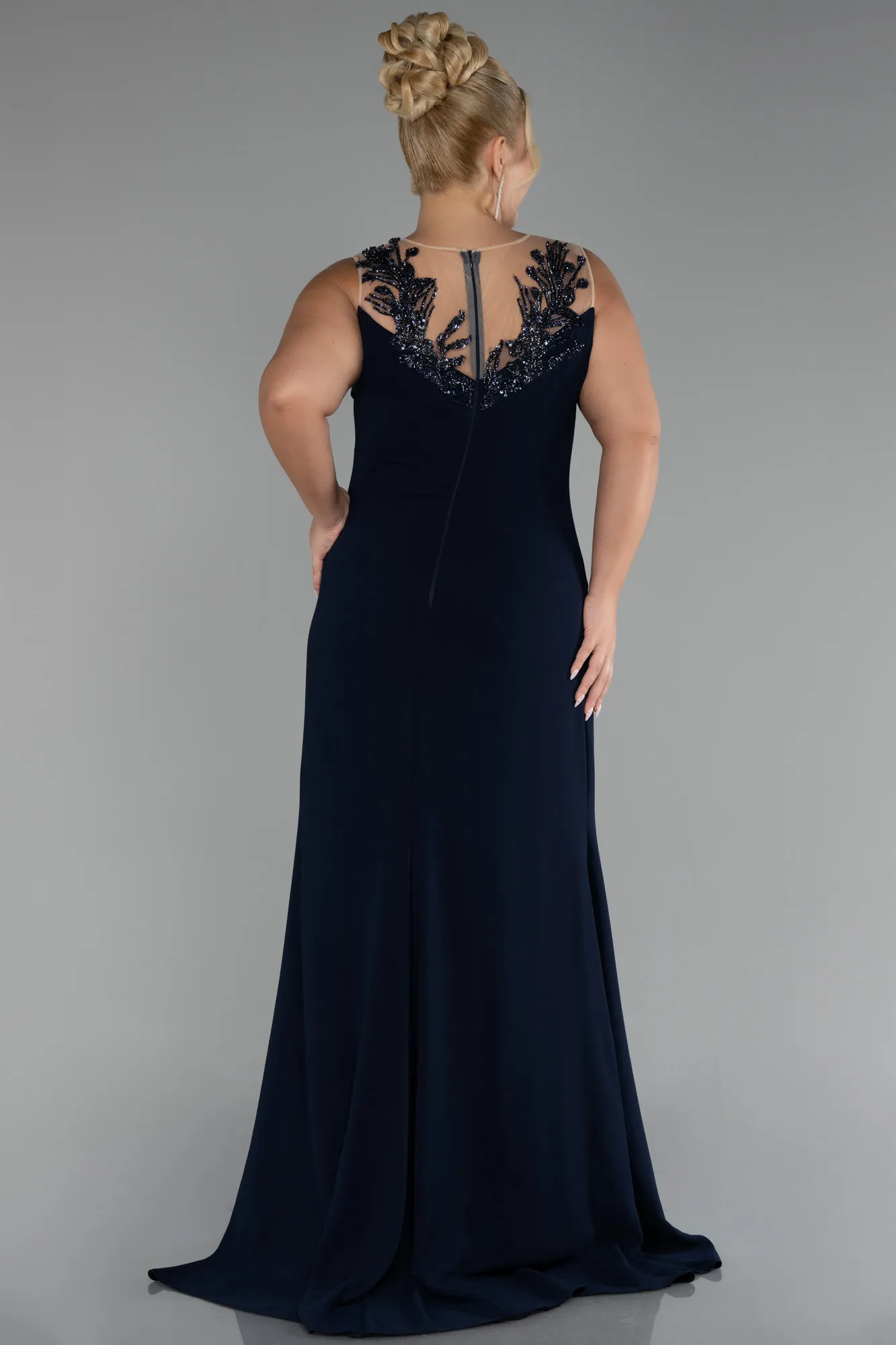 Navy Blue-Sleeveless Embroidered Slit Long Plus Size Evening Gown ABU4099