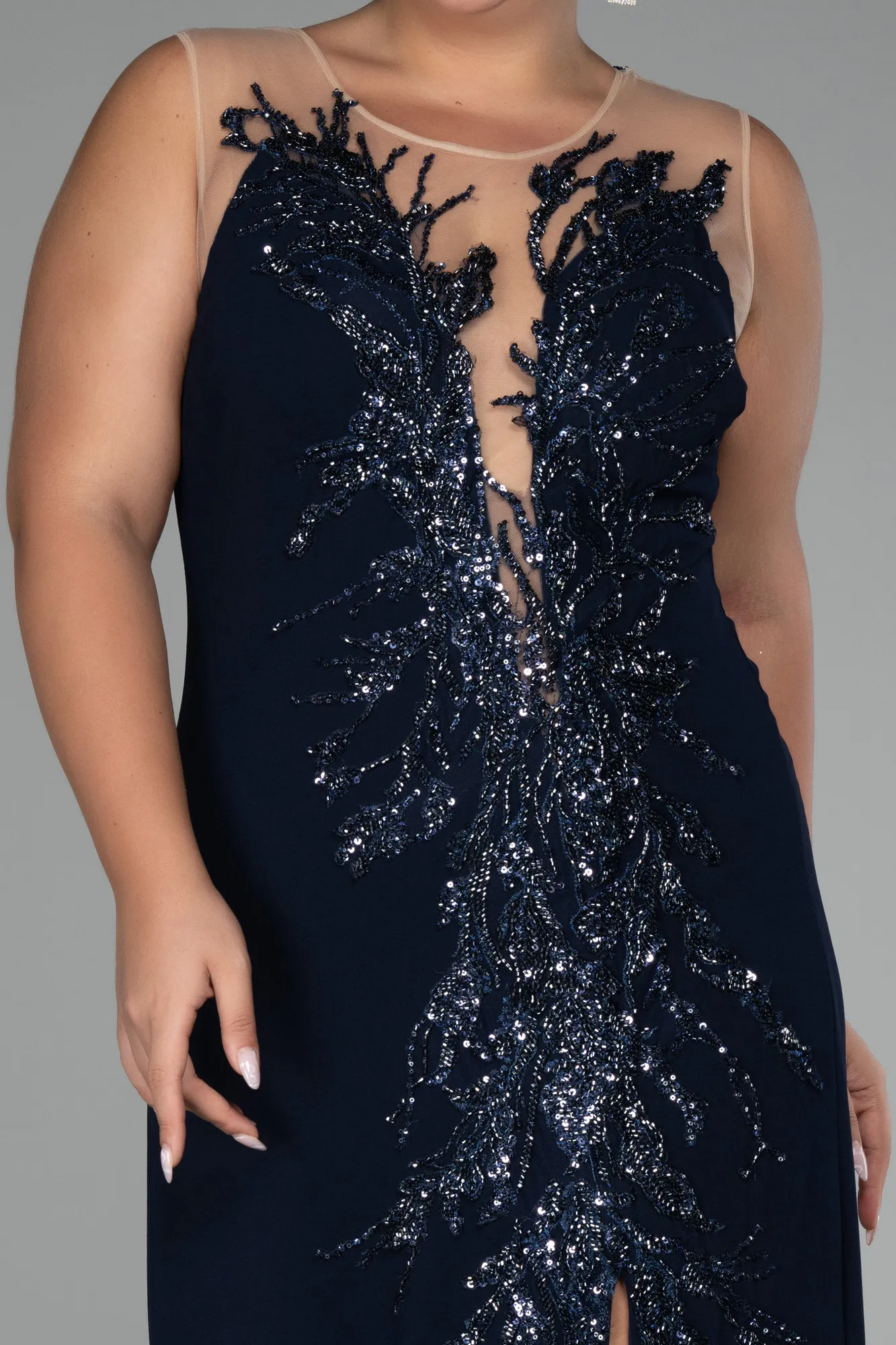 Navy Blue-Sleeveless Embroidered Slit Long Plus Size Evening Gown ABU4099