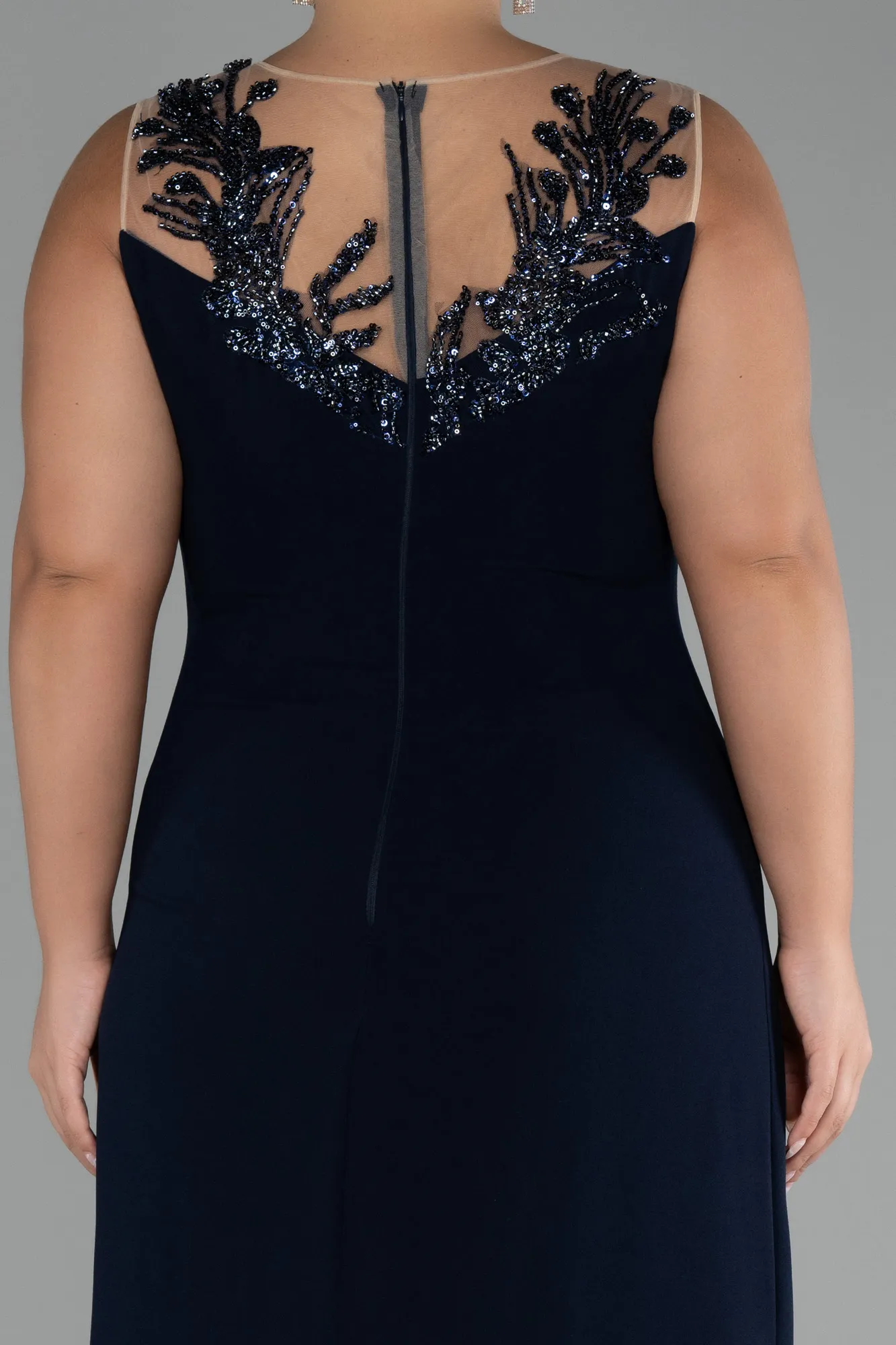 Navy Blue-Sleeveless Embroidered Slit Long Plus Size Evening Gown ABU4099