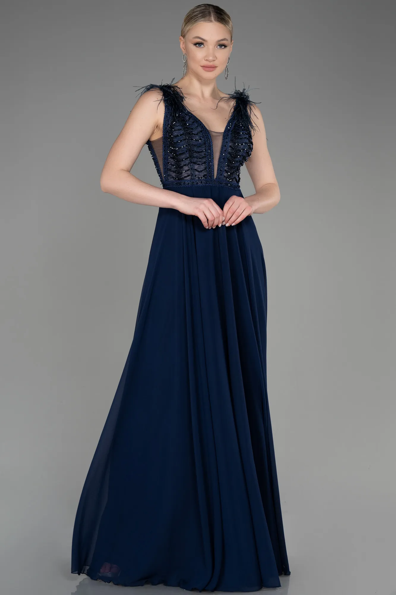 Navy Blue-Sleeveless Long Chiffon Evening Dress ABU3856