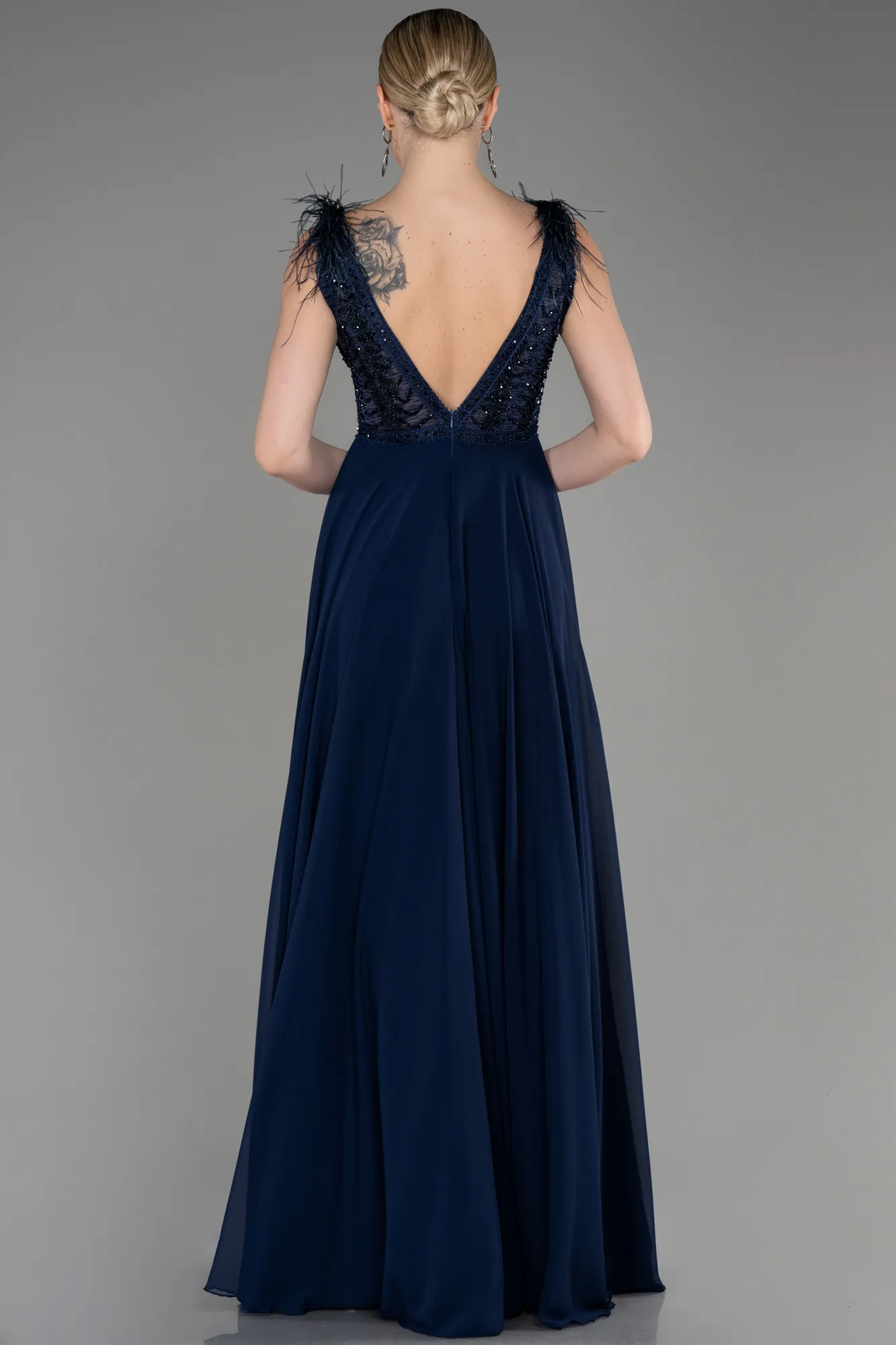 Navy Blue-Sleeveless Long Chiffon Evening Dress ABU3856